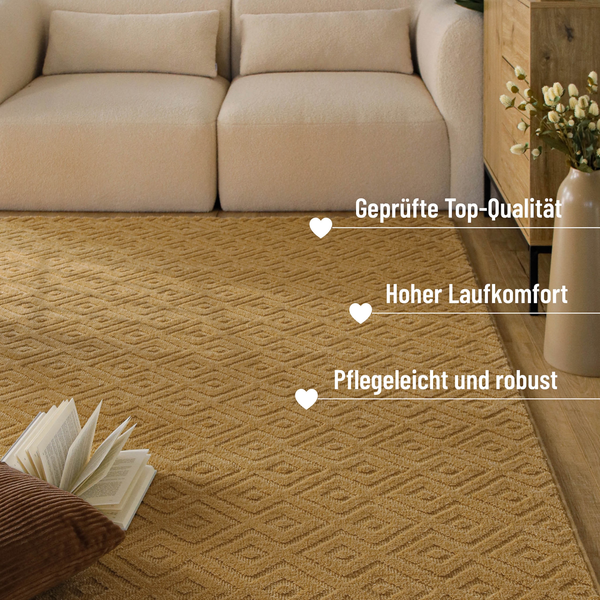 Wecon home Teppich »Castello TWO« rechteckig 7 mm Höhe Schurwolle, Kurzflor mit Hoch-Tief-Effekt, Wohnzimmer, Rautenmuster