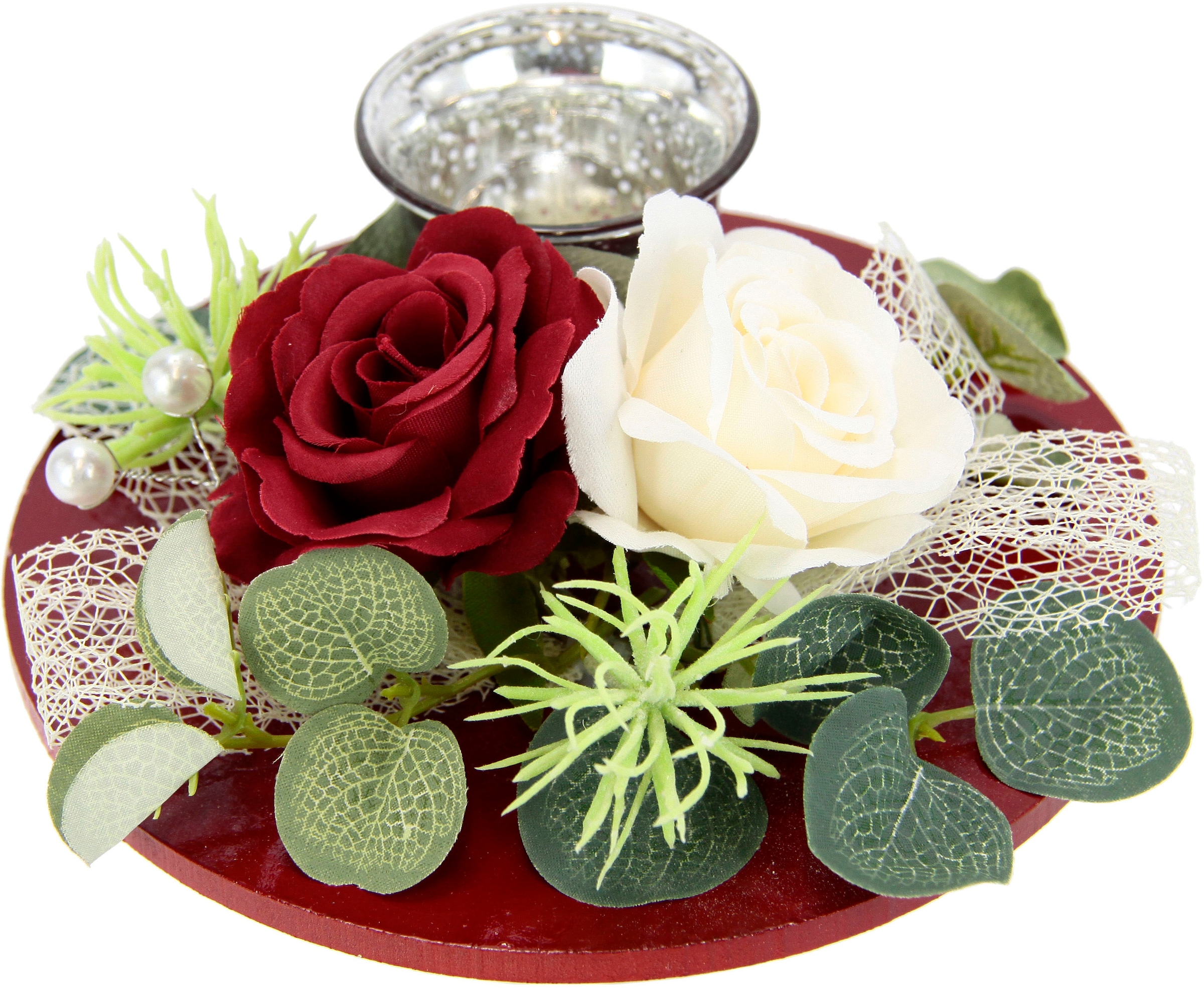 I.GE.A. Teelichthalter »Mit Glaseinsatz und Teelichtkerze, künstlichen  Rosen Eukalyptus«, (1 St.), Kerzenständer Kerzenhalter Tischdeko Kerzen  Muttertag Valentinstag bestellen | BAUR