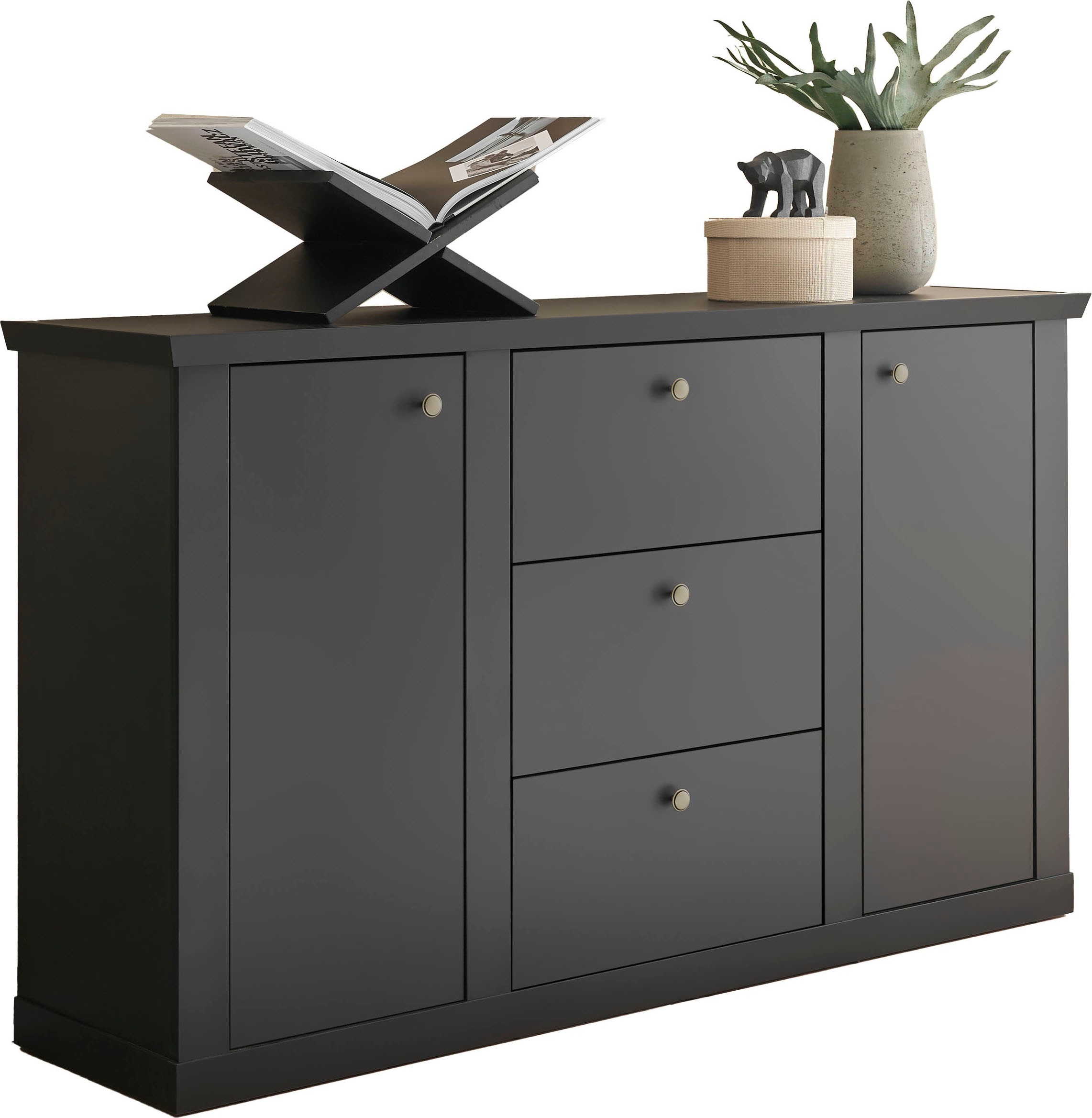 Home affaire Sideboard »Lincoln, moderner Schrank, schwarze Kommode, 158 cm breit« edles Design, messingfarbene Knopfgriffe, in 2 Größen verfügbar