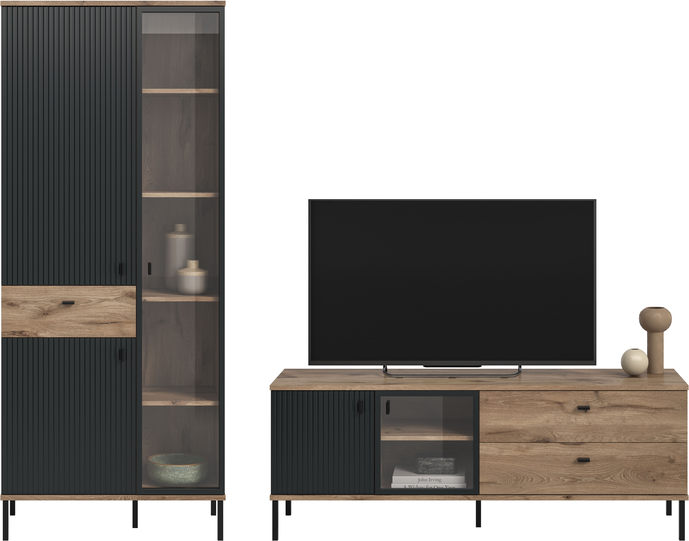 INOSIGN Wohnwand »TREVERK, Breite: 252 cm, hochwertige MDF-Front schwarz tiefzieh« Set, Set, best. aus: 1 Stauraumvitrine, 1 Lowboard, 2 Stk. tlg.