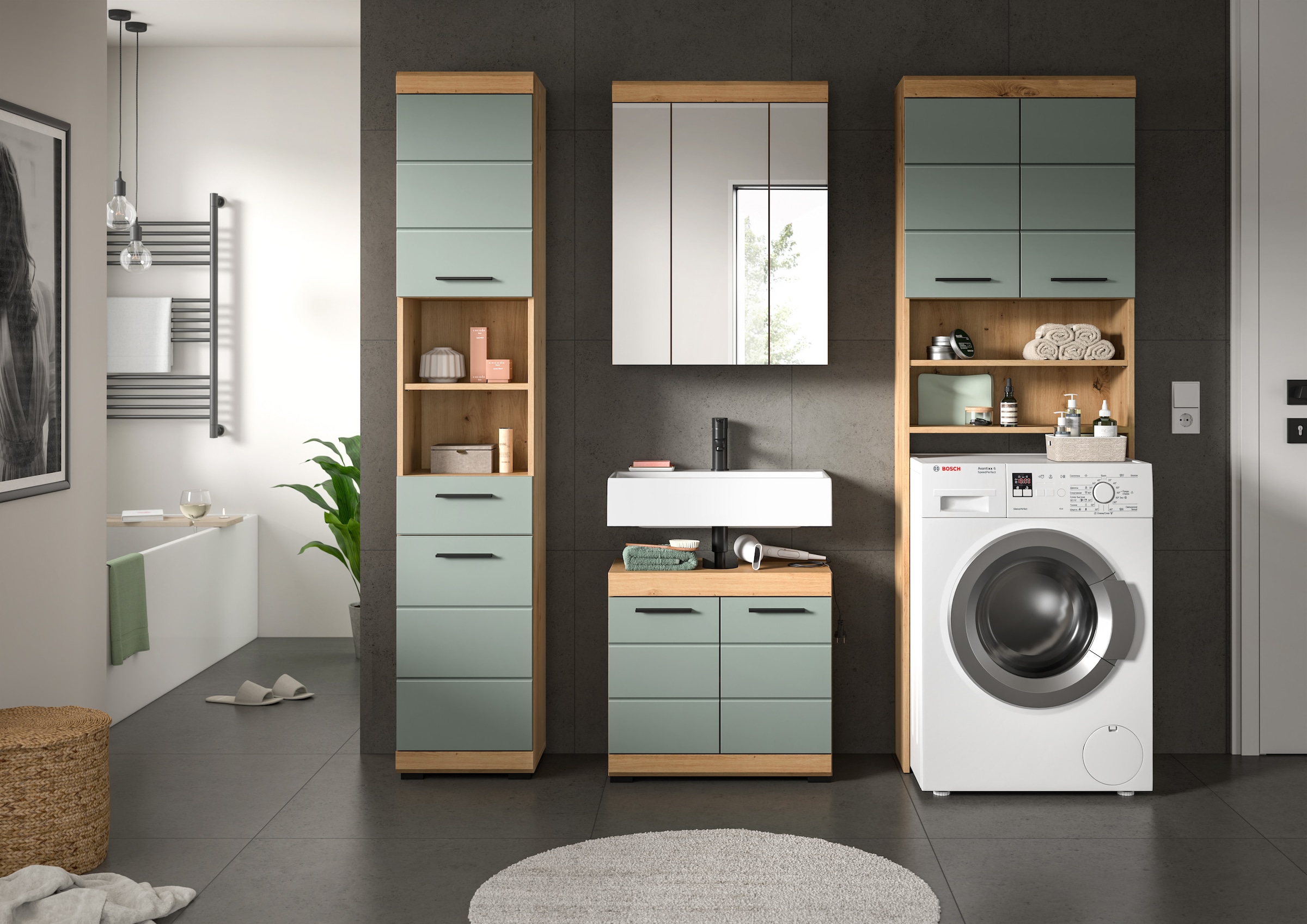 INOSIGN Badmöbel-Set »Siena, 4 teilig, bestehend aus:«, (Set), Hochschrank, WBU, Spiegelschrank, Waschmaschinenumbauschrank