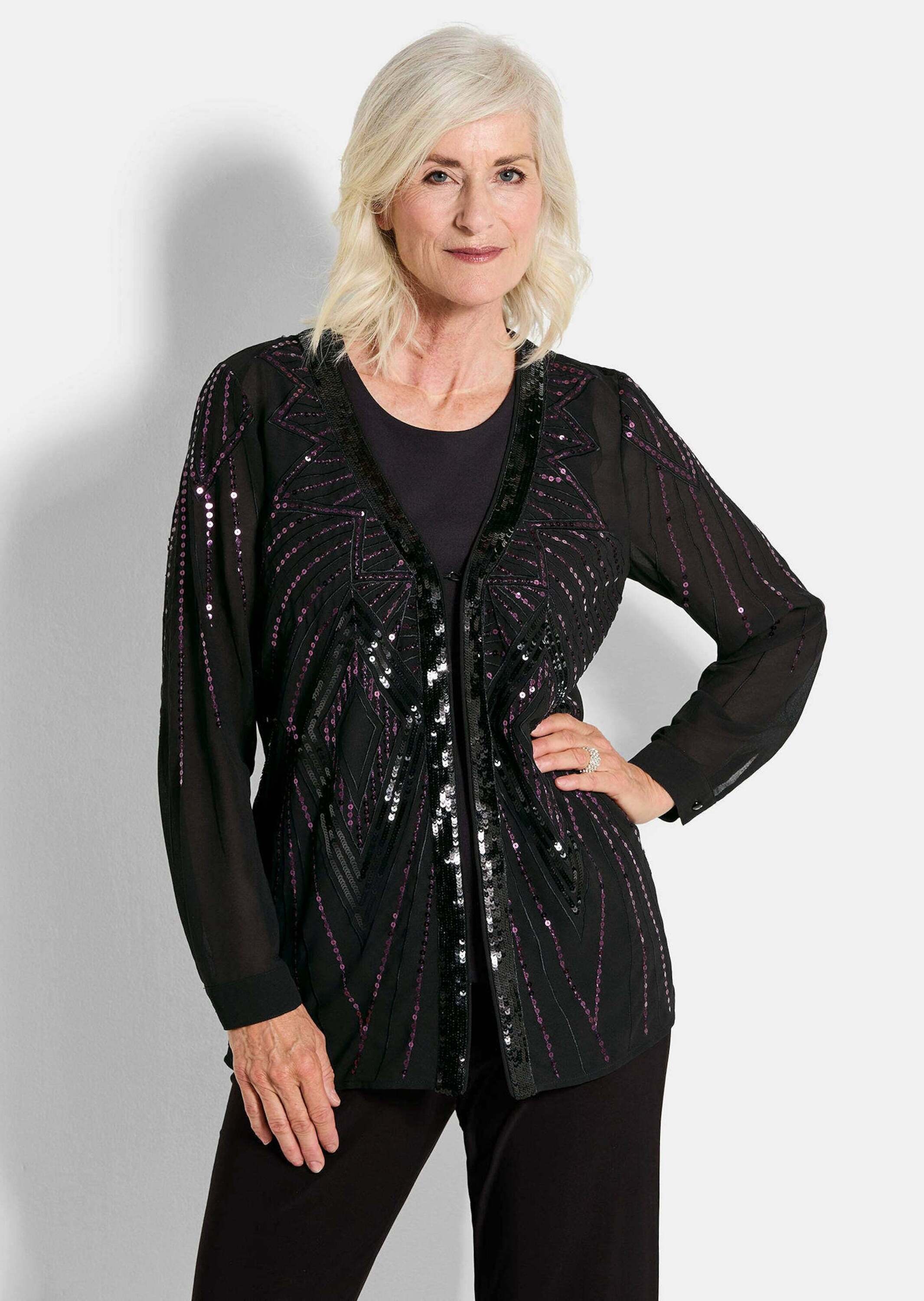 GOLDNER Chiffonbluse »Kurzgröße Chiffon-Jäckchen mit Pailletten«