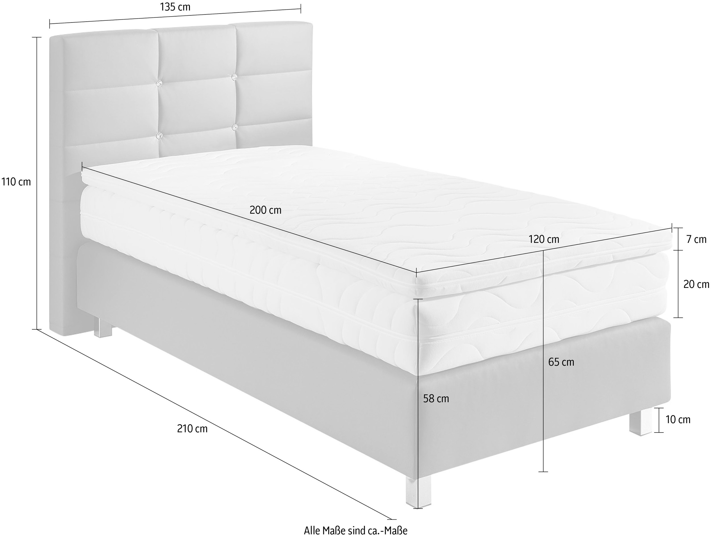 Boxspringbett, schwarz, B:135cm L:210cm, Bezug: Microvelours 100% Polyester;Polsterung: 100% Polyester, WESTFALIA SCHLAFKOMFORT, Komplettbetten, Boxspringbett, mit Knöpfen in Kristalloptik, wahlweise mit Topper 10