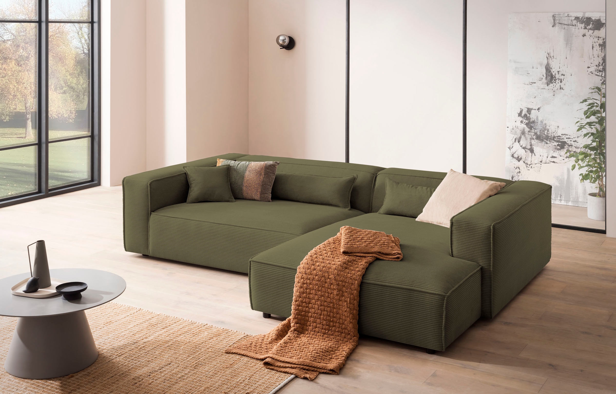 LeGer Home by Lena Gercke Ecksofa »PIARA XXL, Big-Sofa in Cord oder Leinenoptik, L-Form, mit Kedernaht«, wahlweise Ottomane rechts/links, schwarze Füße, extra tiefe Sitzfläche