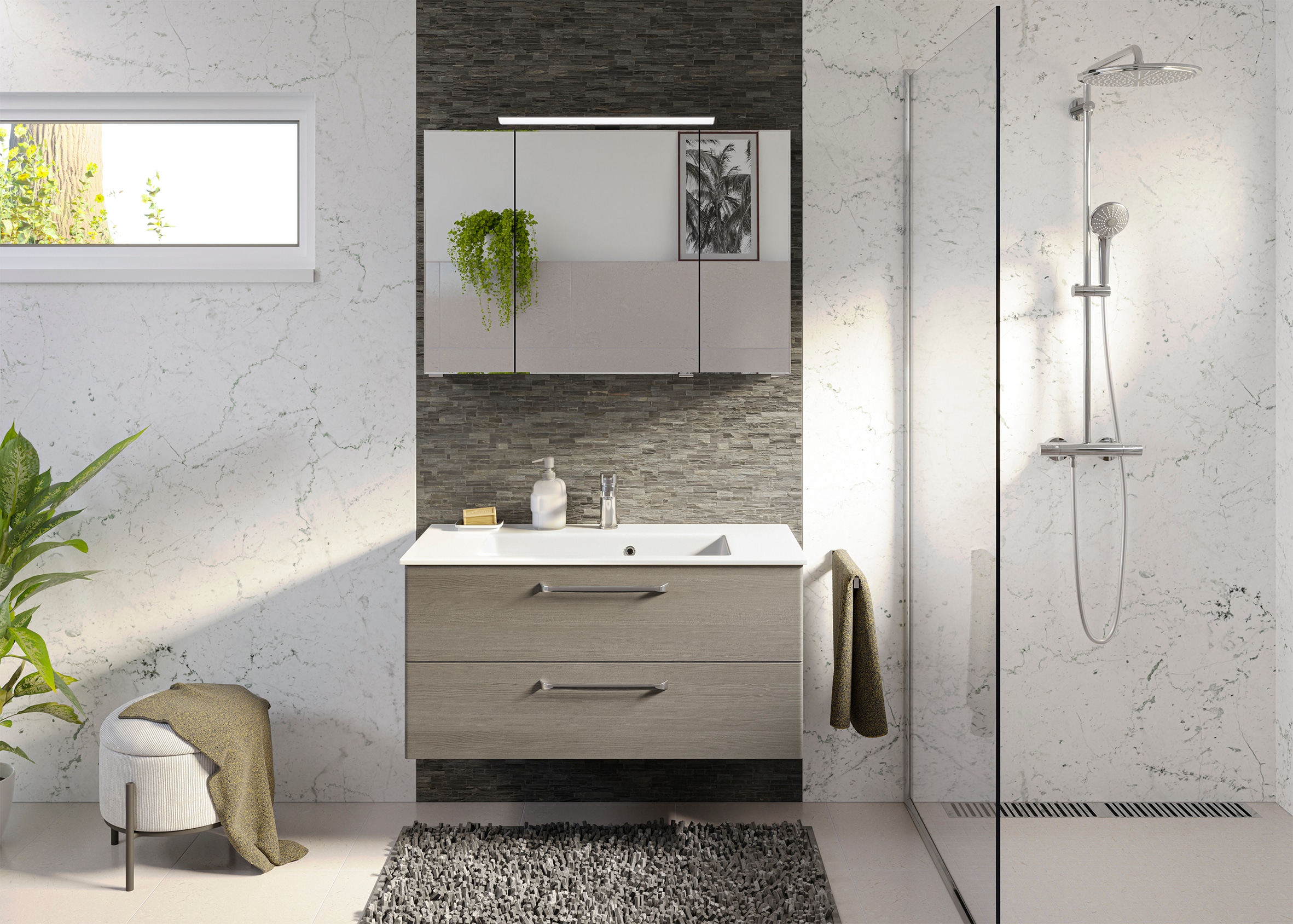 Saphir Badmöbel-Set »Trentino 2-tlg Mineralmarmor-Waschtisch, Spiegelschrank mit LED-Profil«, (3 St.), Badmöbel-Set 110cm breit, inkl. Türdämpfer, 3 Türen, 2 Auszügen