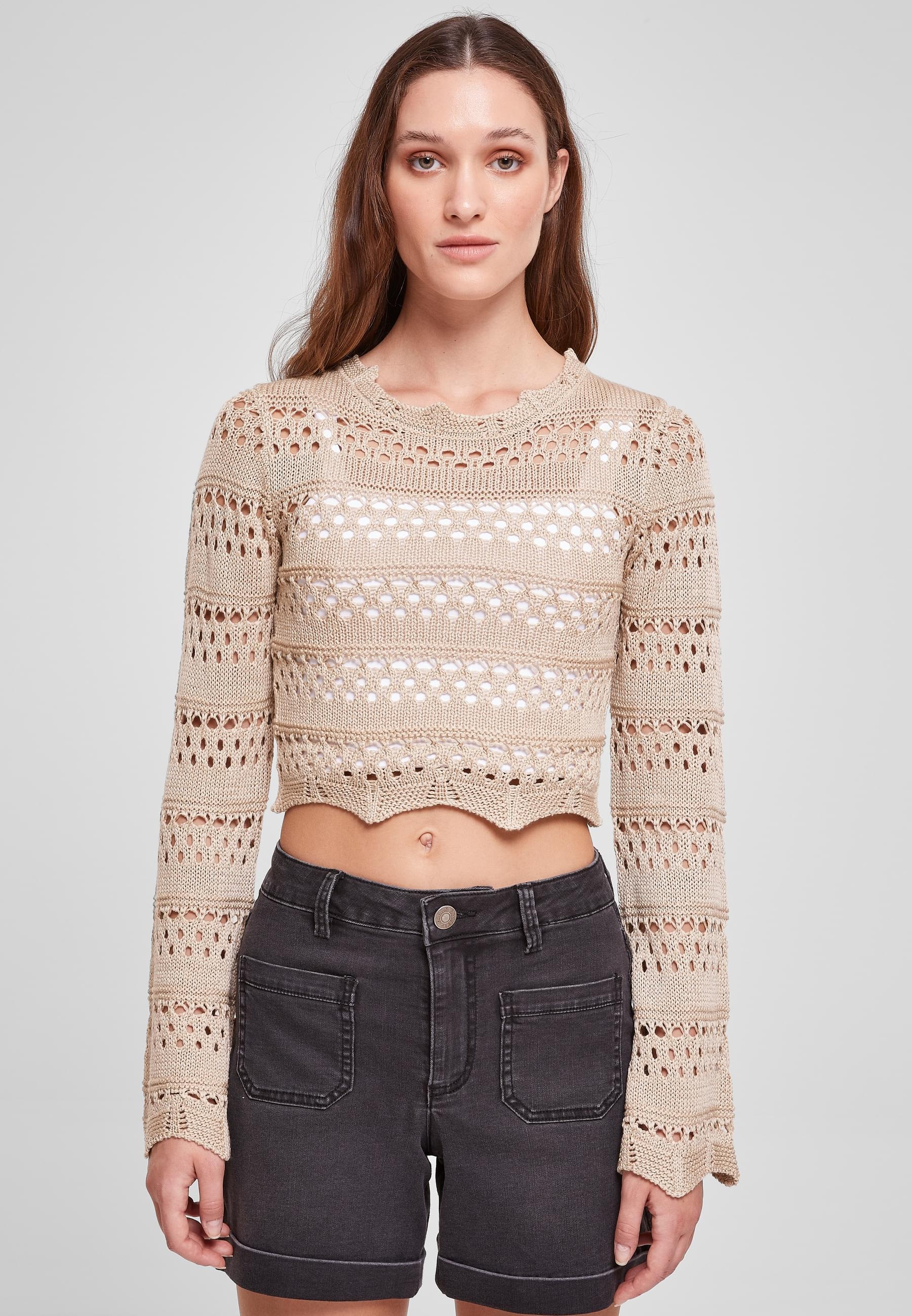 URBAN CLASSICS Rundhalspullover »Urban Classics Damen Ladies Cropped Crochet Knit Sweater«, (1 tlg.)