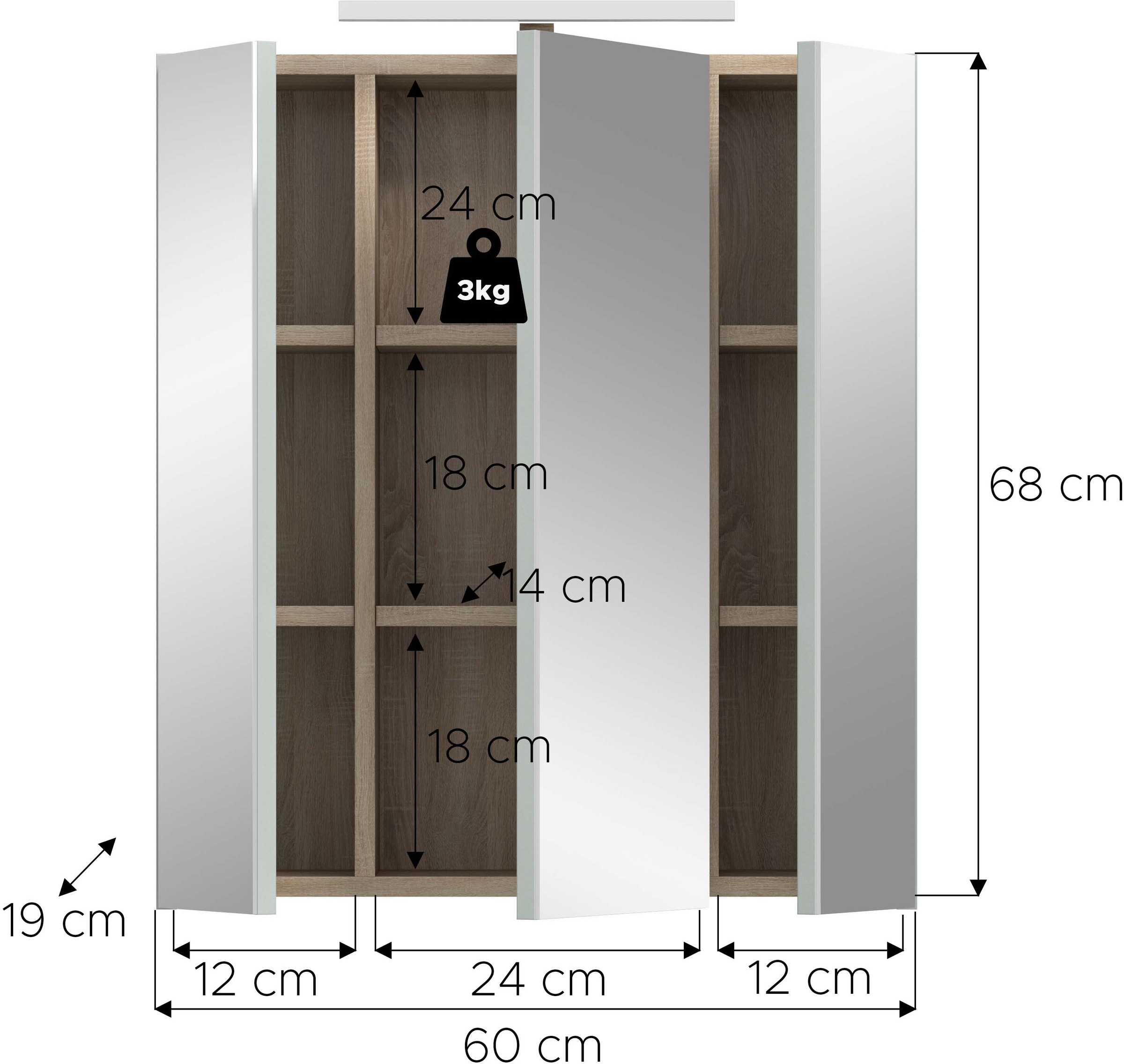 welltime Spiegelschrank »MINTTU, Breite 60cm, inkl. Beleuchtung, 3 Spiegeltüren, 6 Einlegeböden« Türanschlag der mittleren Tür rechts und links montierbar,  Badmöbel, Spiegel, Badschrank, Bad