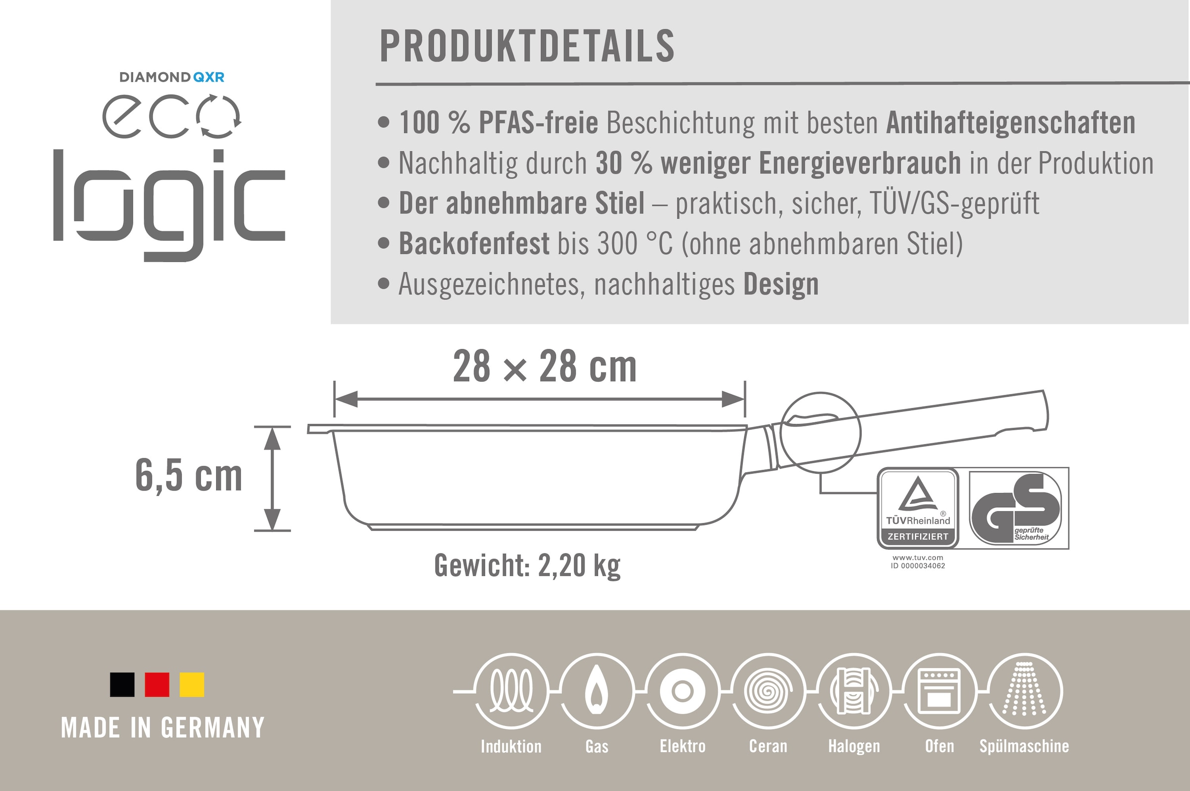 WOLL MADE IN GERMANY Bratpfanne »Eco Logic QXR Guss-Pfanne mit Deckel, viereckig«, Aluminiumguss, (2 tlg.), PFAS-freie Diamond-QXR - Beschichtung