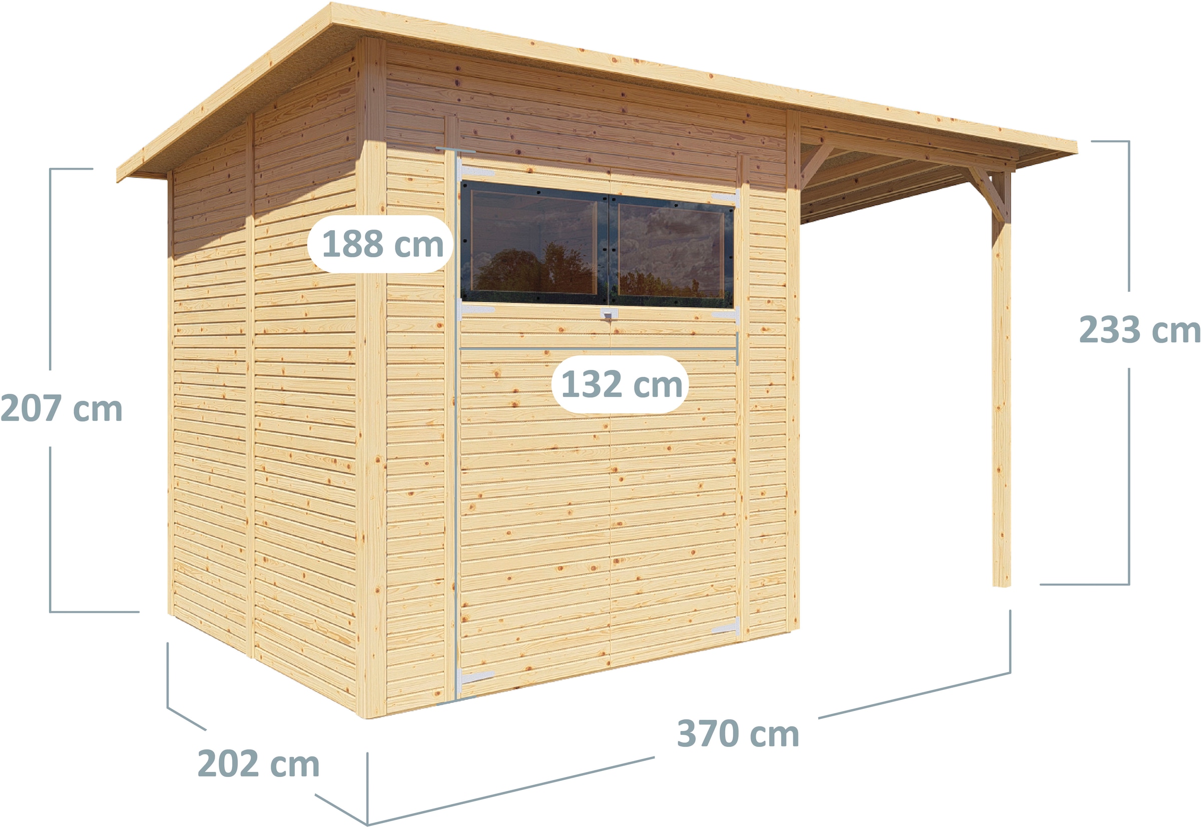 BERTILO Gartenhaus »Pent Modern 3 Plus naturbelassen«, mit hohen Seitenwänden und einer 1,88 m hohen Doppeltür
