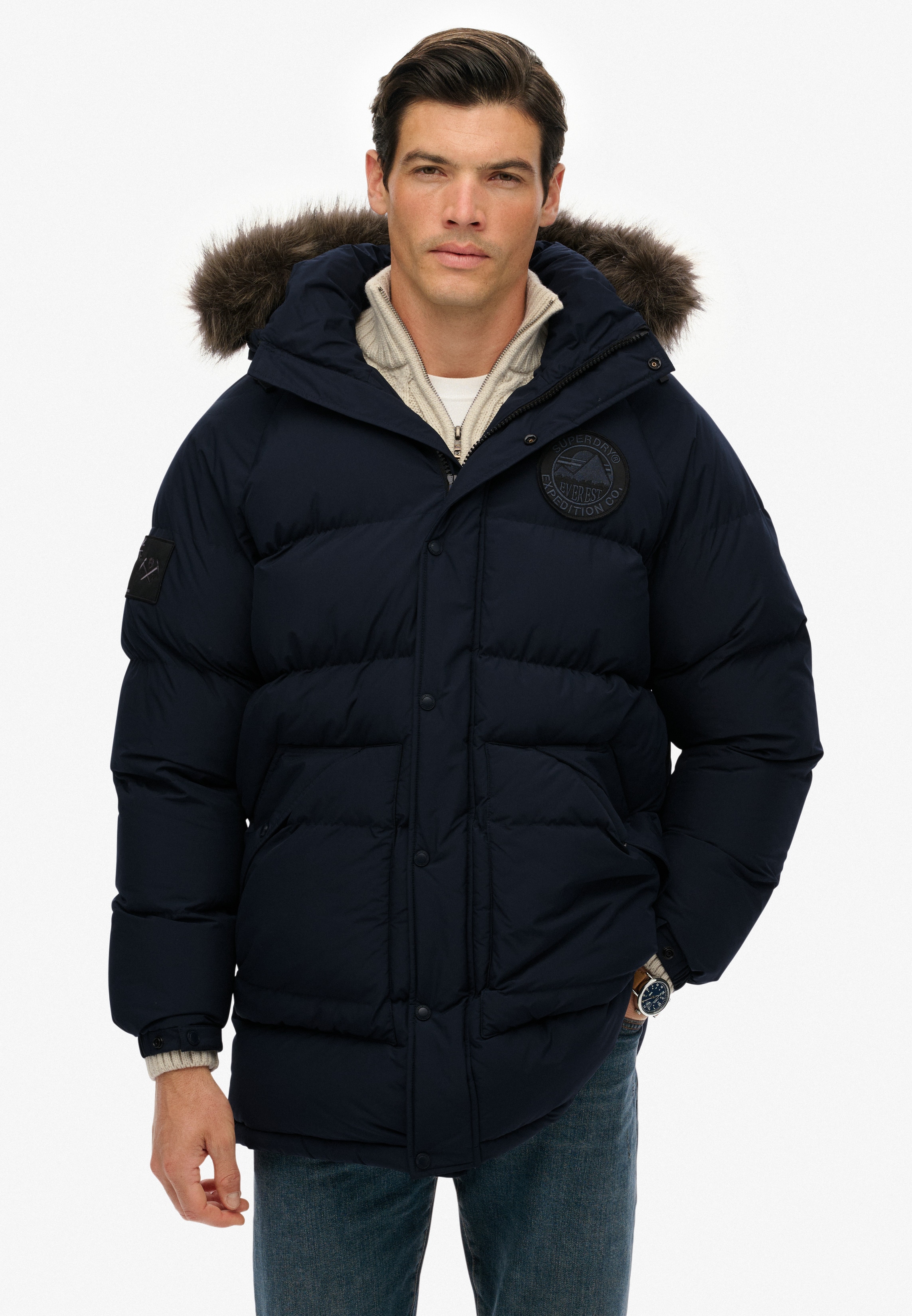 Superdry Steppjacke "EVEREST LONGLINE BAFFLED PARKA" mit Kapuze Oversize-Passform, aus Polyester und Kunstfaser, mit Reißverschluss