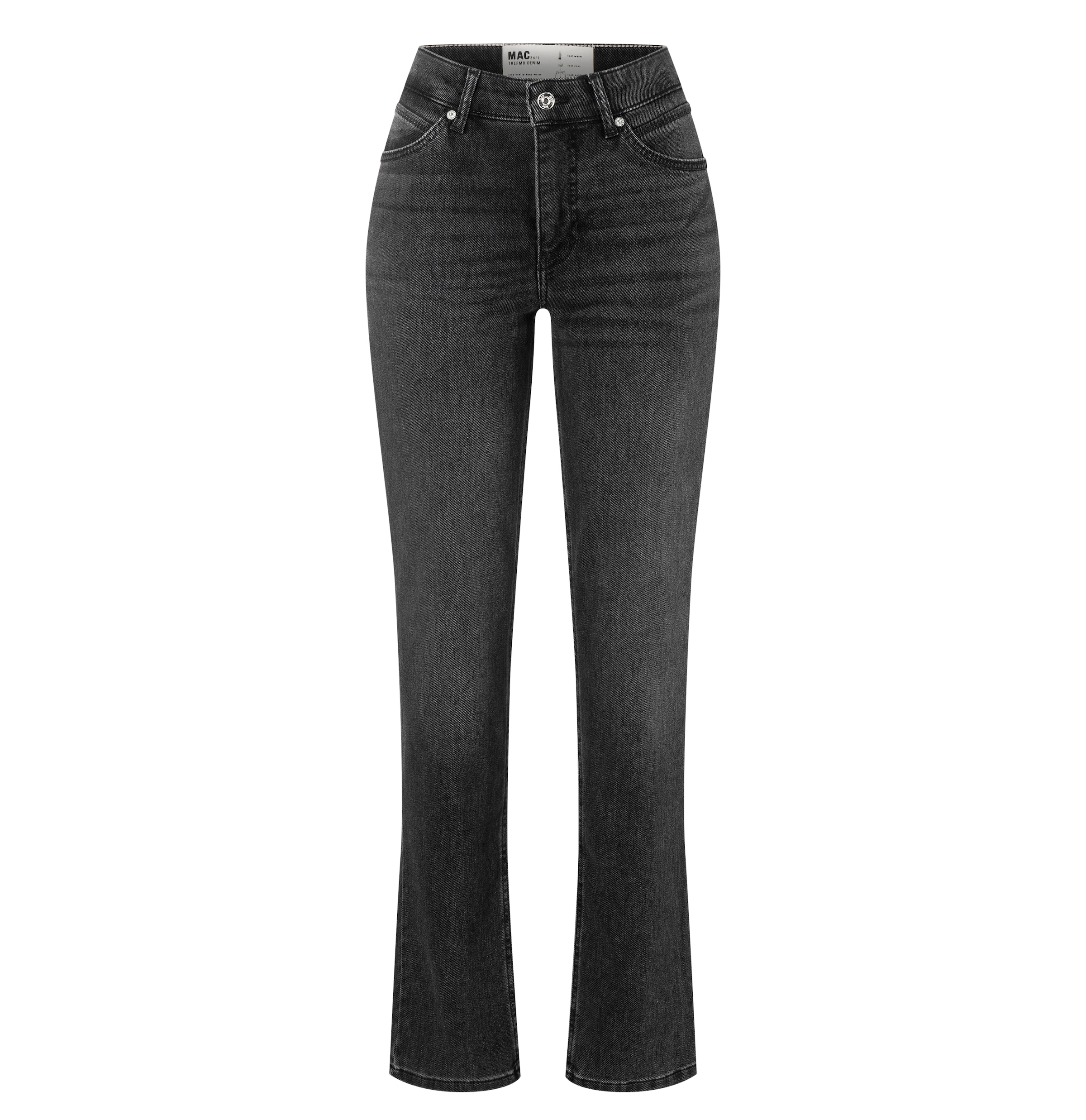 Straight-Jeans MAC "MACMELANIE", Damen, Gr. 36, Länge 34, grau basic, Denim/Jeans, Obermaterial: 77% Baumwolle, 10% Polyester, 10% Viskose, 3% Elasthan, straight fit knöchellang, Jeans Straight-Jeans, Sportives Naht-Detail am Tascheneingriff