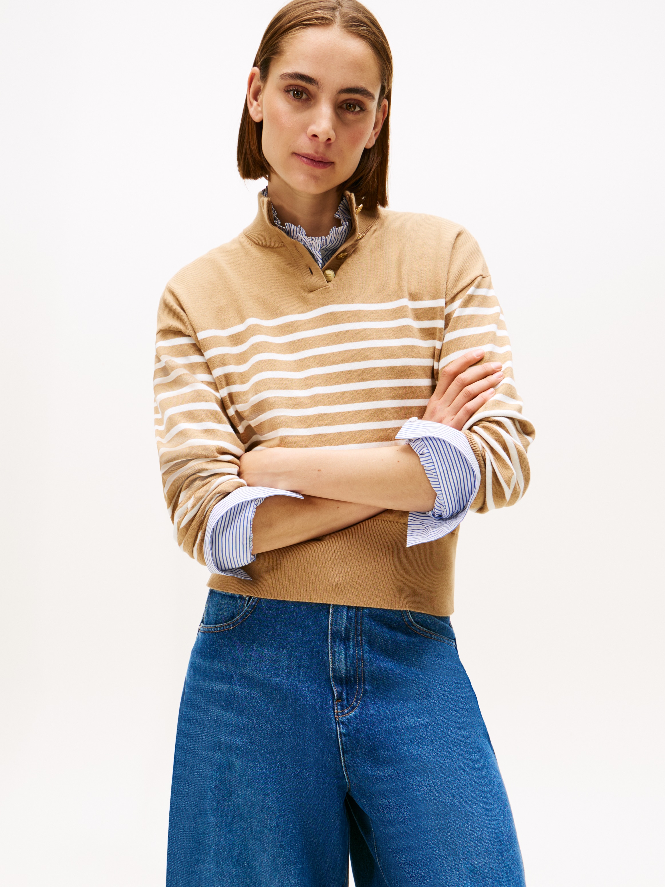 Tommy Hilfiger Strickpullover "CO JERSEY GOLD BTN MOCK-NK SWT", mit goldfar günstig online kaufen