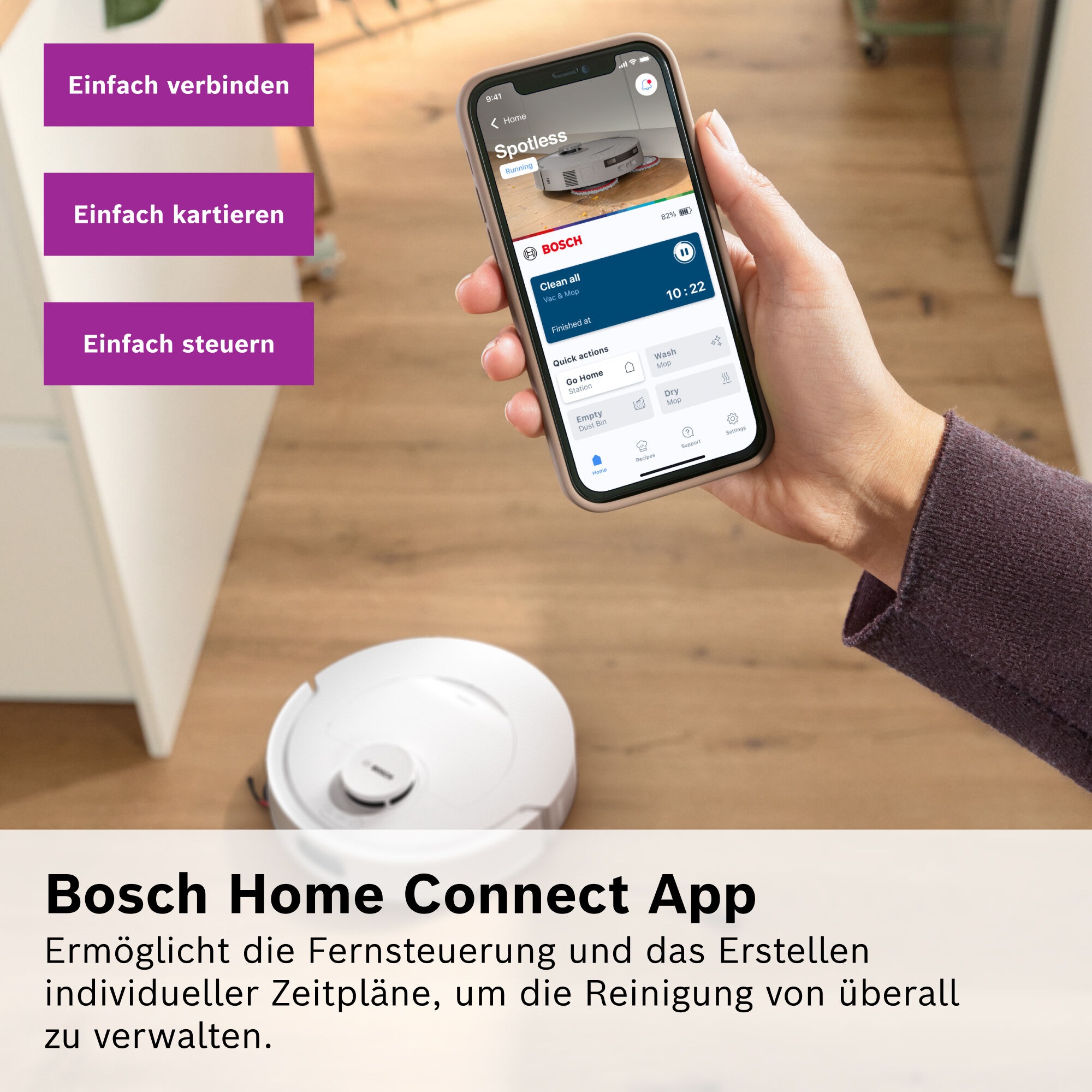 BOSCH Saugroboter »mit Wischfunktion Spotless 2 BCR2S1B/BCR2S1W, 25.000 Pa Saugkraft« Selbstreinigung, Nass-Trocken-Servicestation, rotierende Pads