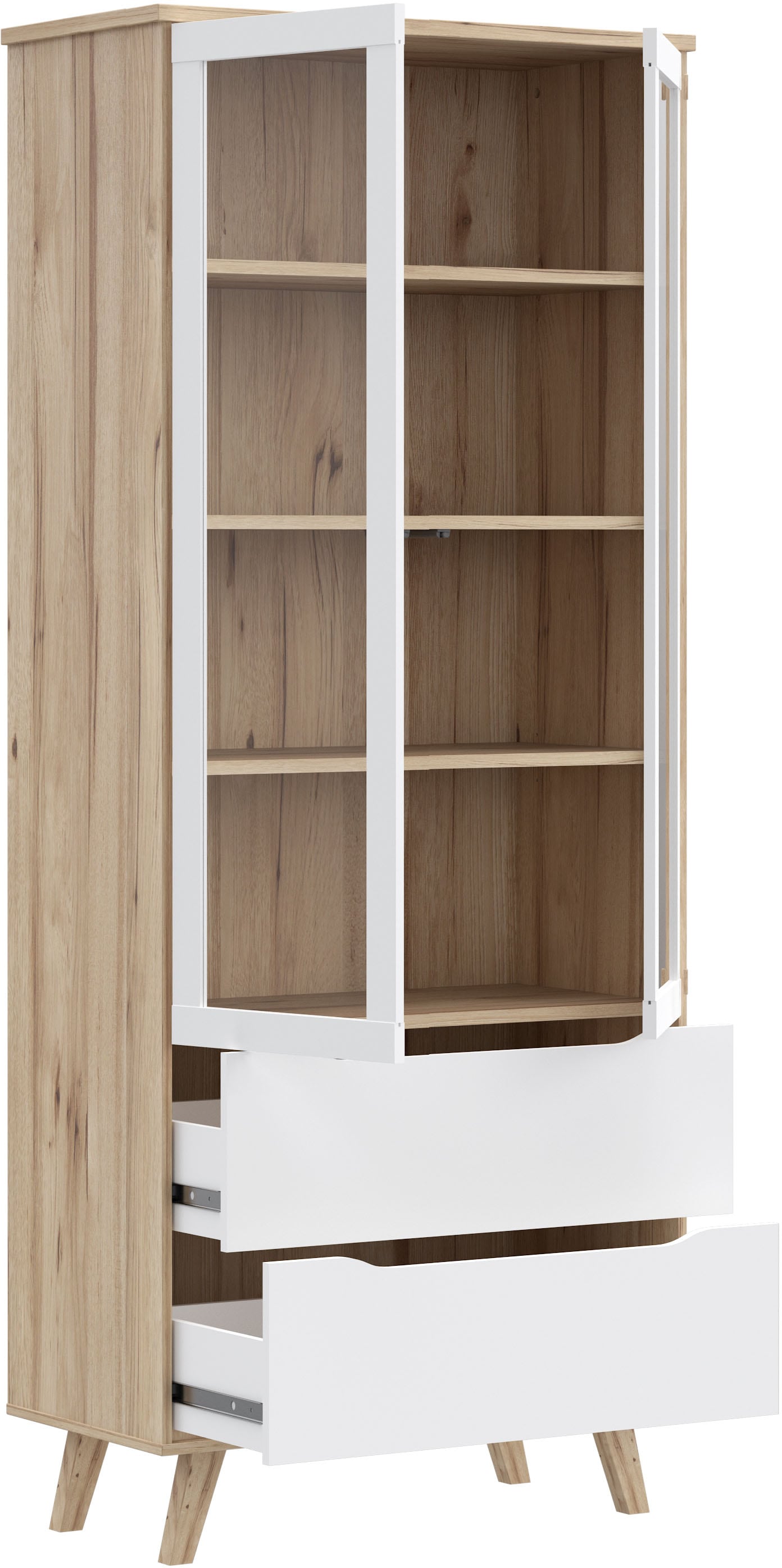 FORTE Vitrine »Vankka Stauraumvitrine«, (B/H/T 84,7/201,5/41,7 cm), 2 Glastüre, Grifflos, zeitloses Design, 2 Schubkästen