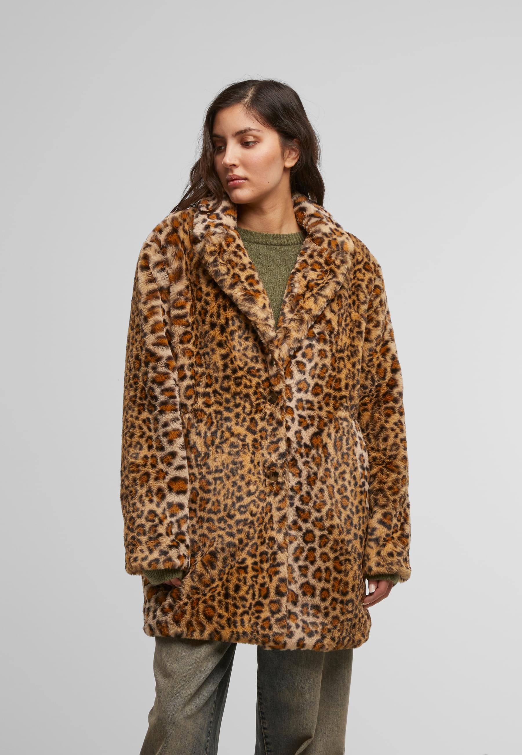Thumbnail - URBAN CLASSICS Winterjacke "Urban Classics Ladies Oversized Faux Fur Leo Coat" 1 Stk. tlg. ohne Kapuze