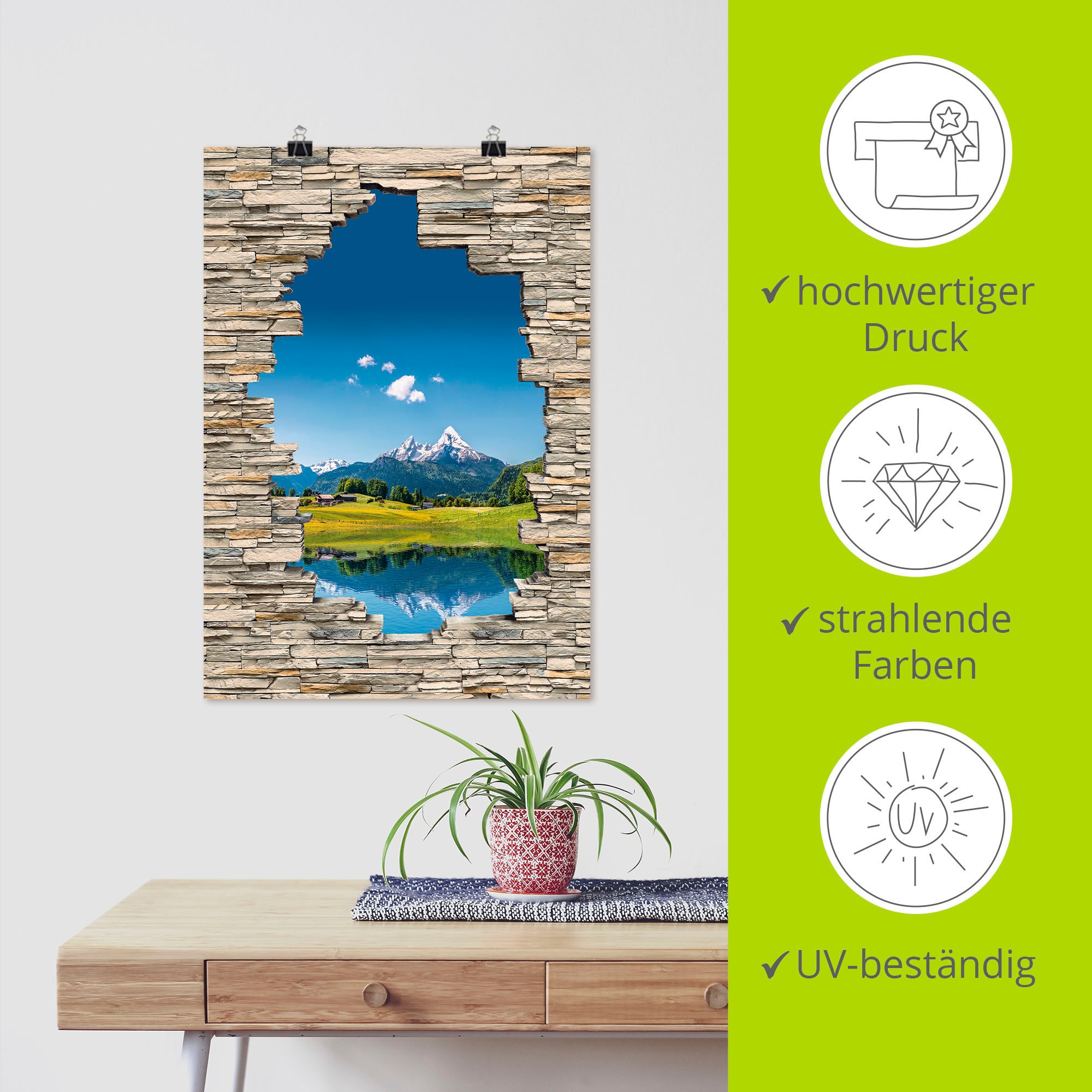 Artland Wandbild »Landschaft in den Alpen Blick Steinmauer«, Berge & Alpenbilder, (1 St.), als Leinwandbild in verschied. Größen