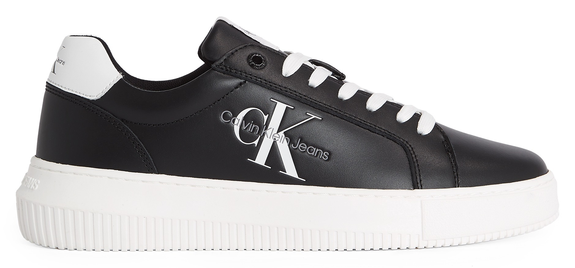 Plateausneaker CALVIN KLEIN JEANS "CHUNKY CUPSOLE MONO LTH WN", Damen, Gr. 38, schwarz (schwarz weiß), Leder, Lederimitat, Schuhe Plateausneaker, Freizeitschuh, Halbschuh, Schnürschuh mit CK-Schriftzug an der Seite 3