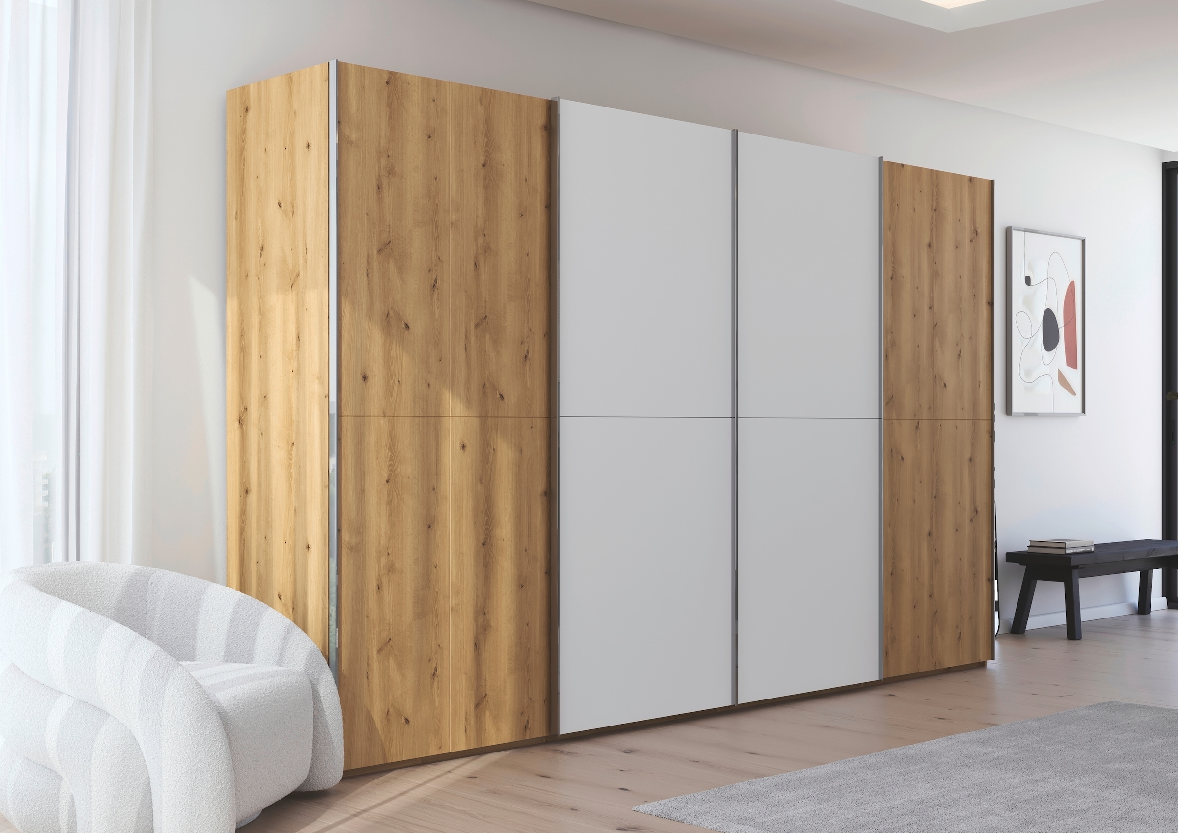 rauch Schwebetürenschrank »Kleiderschrank Schrank Garderobe Schlafzimmerschrank SCALE-WOOD«, edle geteilte Front in massiver Asteiche mit Glastüren MADE IN GERMANY
