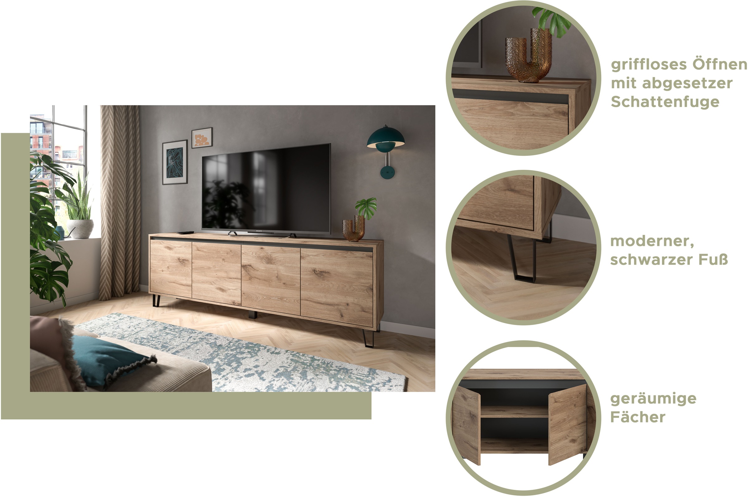 INOSIGN Lowboard »BALTIC, Breite 184cm, grifflose Fronten, Metall-Füße,4 Türen, 4 Fächer«, TV-Möbel, TV-Schrank, TV-Lowboard, Mediaboard