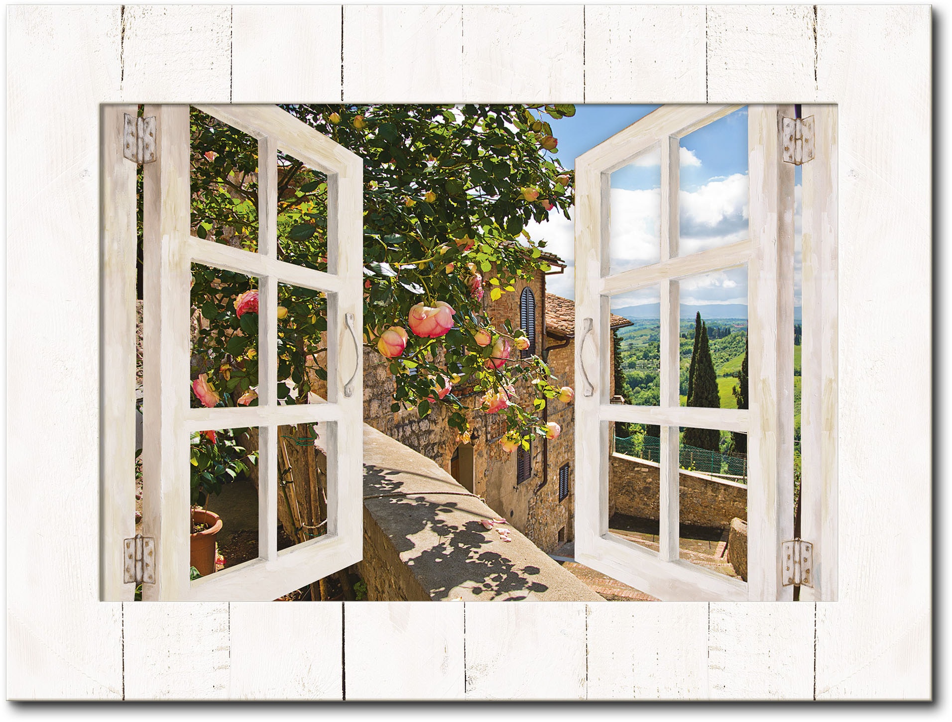 Artland Wandbild »Fensterblick Rosen auf Balkon Toskana«, Garten, (1 St.)