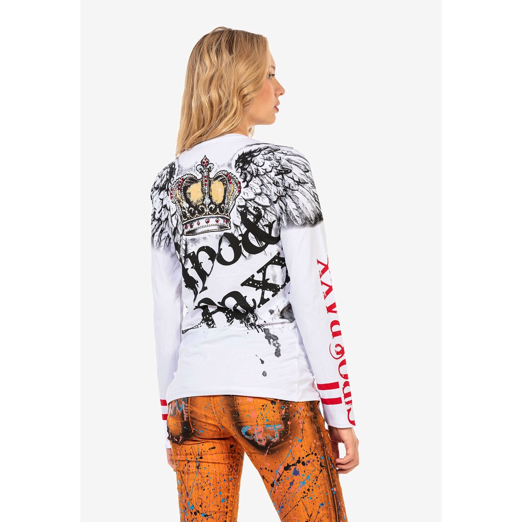 Damenmode Shirts & Sweatshirts Cipo & Baxx Langarmshirt, mit großem Aufdruck weiß-schwarz Damenmode Shirts & Sweatshirts Cipo & Baxx Langarmshirt, mit großem Aufdruck weiß-schwarz