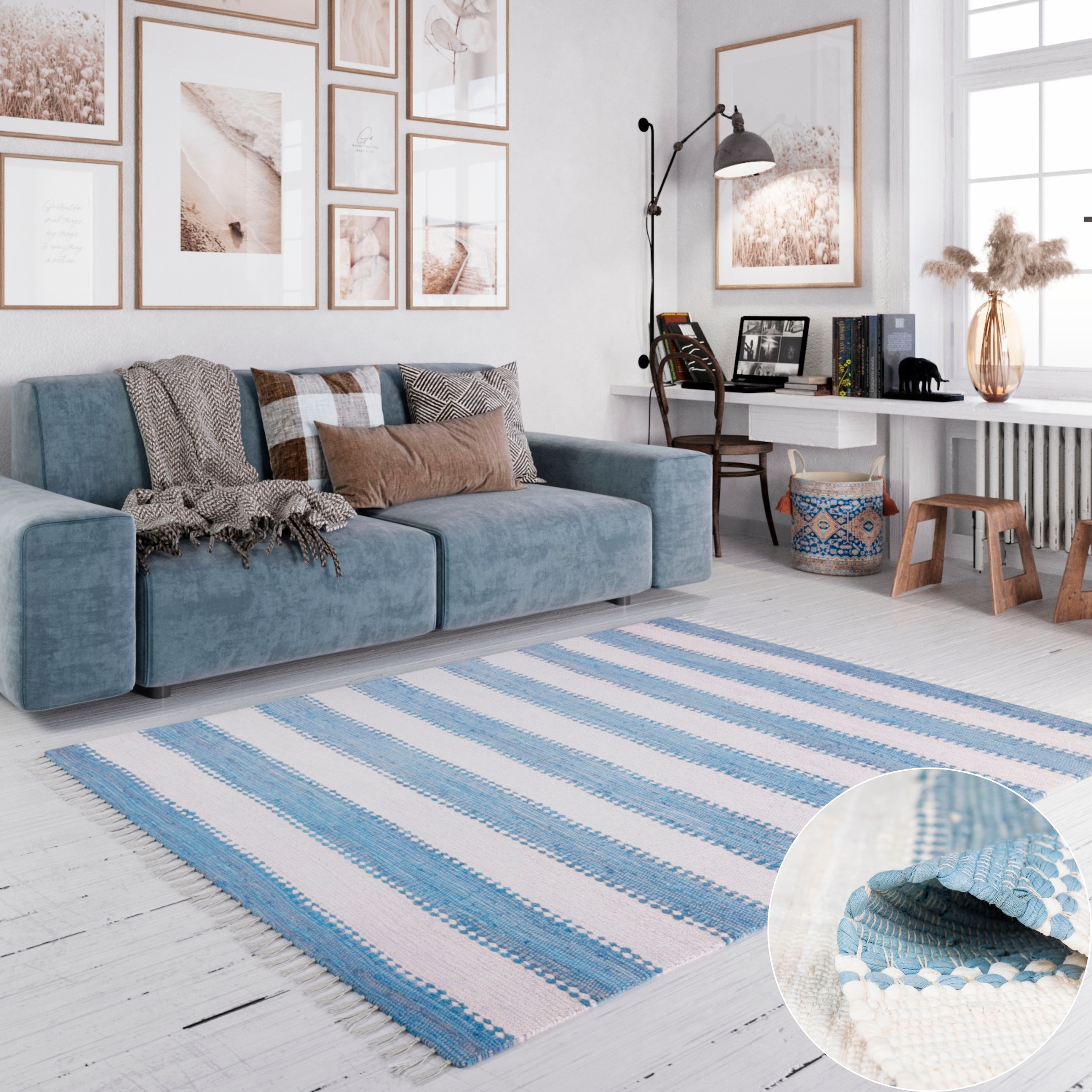 Teppich OTTO HOME "Benja", blau (hellblau, weiß), B:160cm H:10mm L:230cm, Baumwolle, Polyester, Teppiche, Teppich, Handweb Teppich, gestreift, 90% Baumwolle, handgewebt, mit Fransen