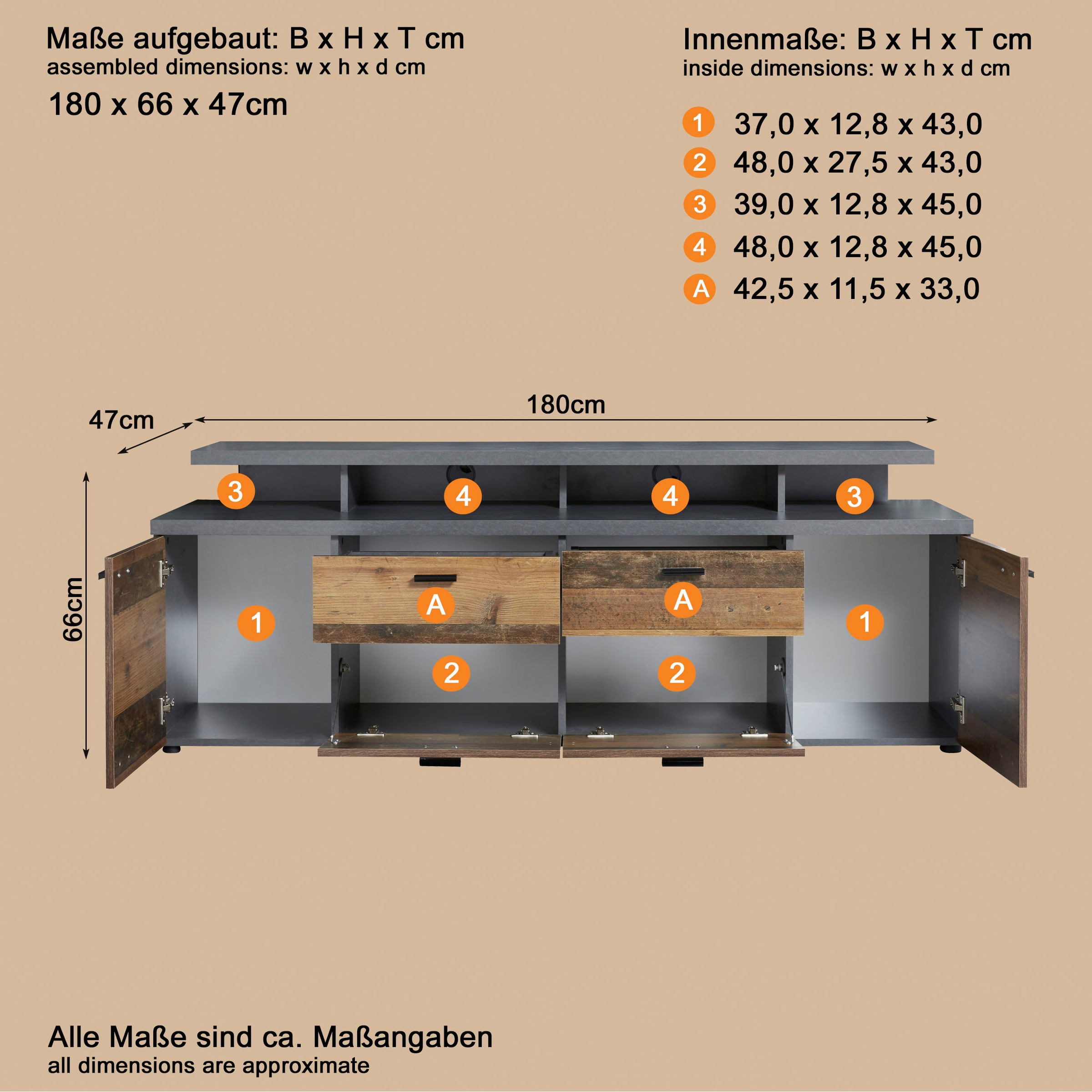 INOSIGN TV-Board »Messina«, (1 St.), TV-Lowboard mit Türen, Schubladen & Fächern - (B/T/H) 180/47/66 cm