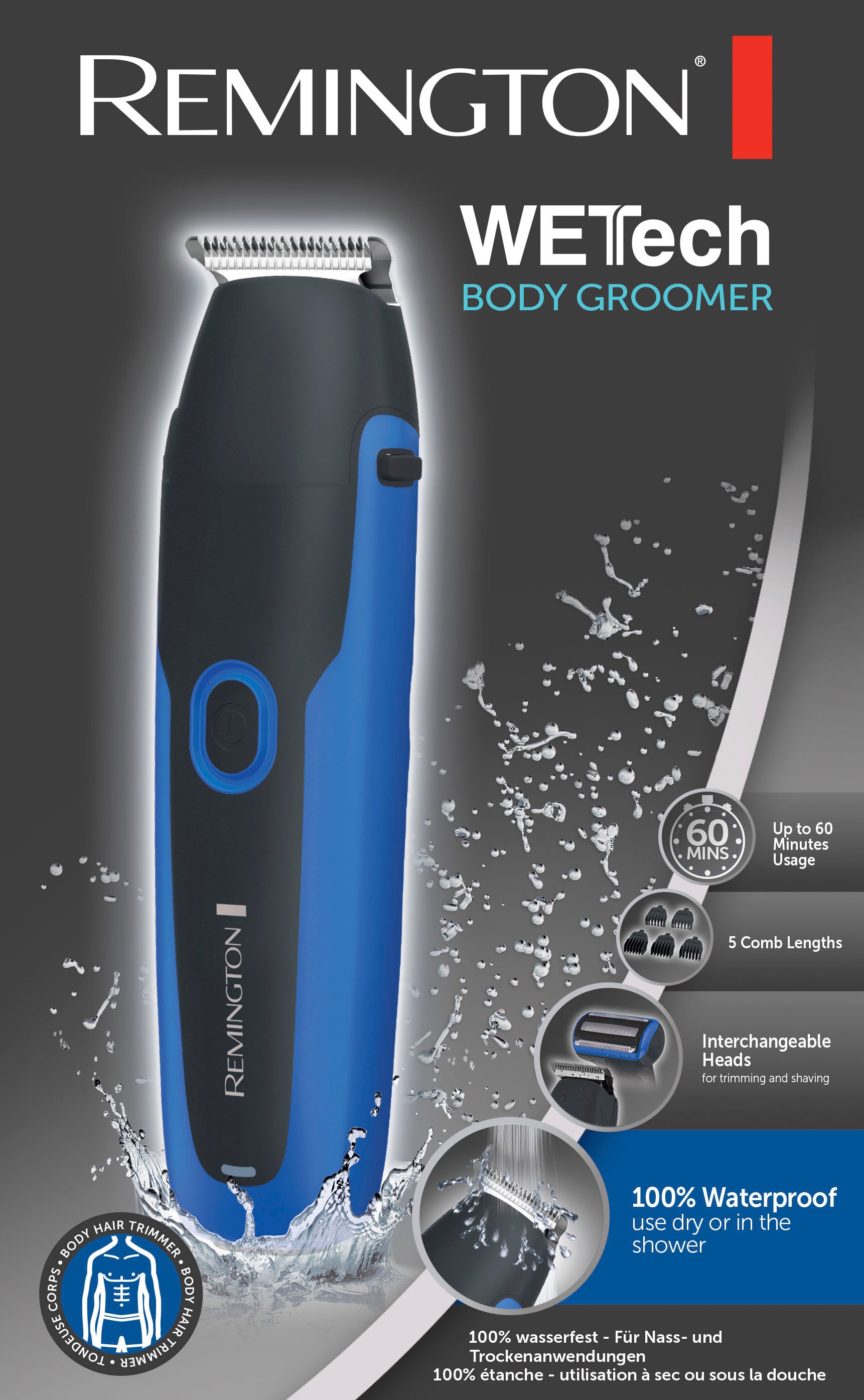 Remington Multifunktionstrimmer »BHT6256 WETTech Body Groomer«, 7 Aufsätze, WETTech Body Groomer, für Nass & Trockenanwendung