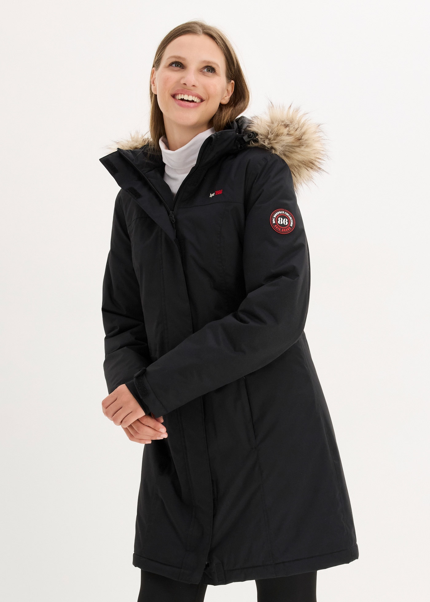 bonprix Wintermantel mit abnehmbarer Kapuze + Fellimitat, mit Innentasche und Kabelführung