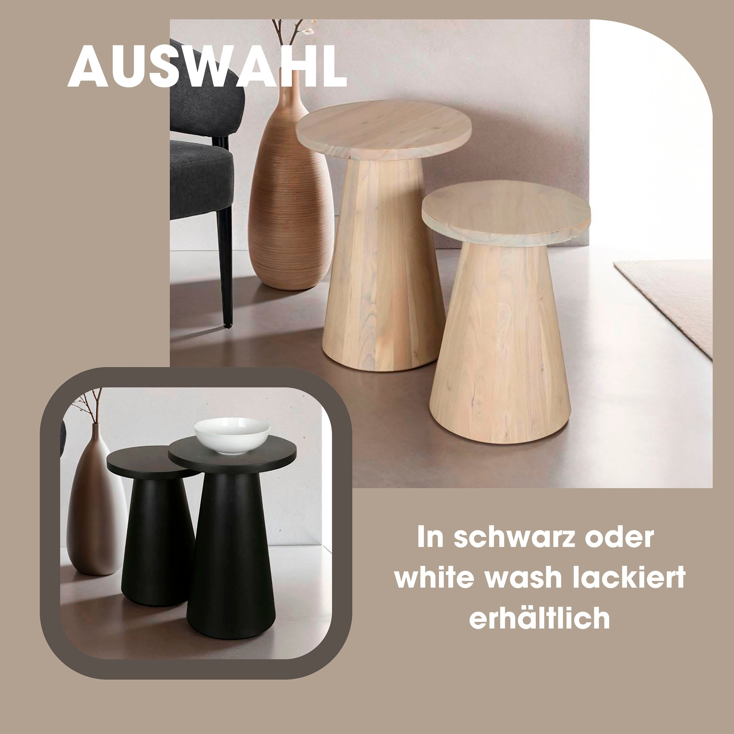 byLIVING Beistelltisch »Cone«, (Set), aus Massivholz in schwarz oder white wash, verschiedenen Größen