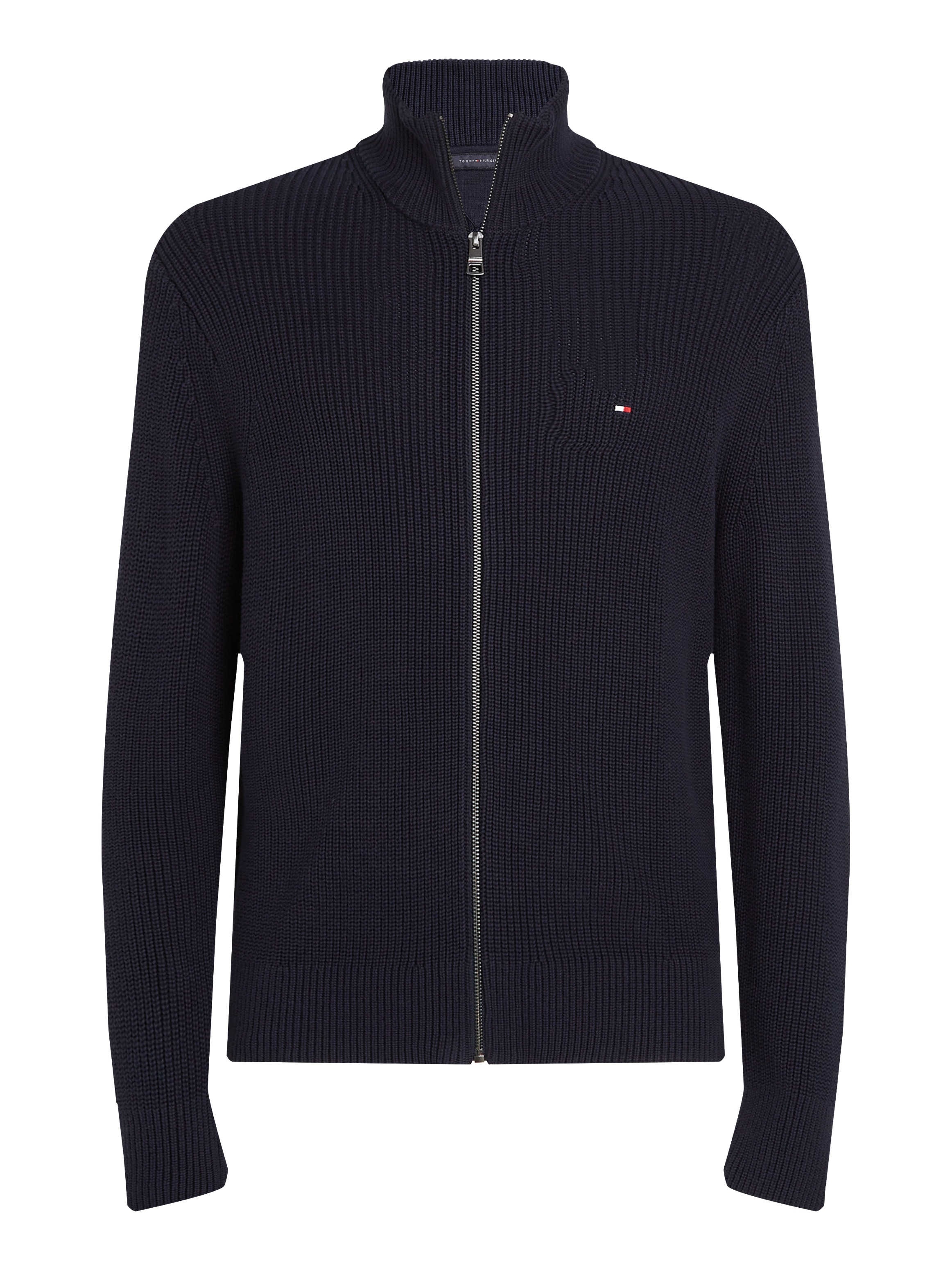 Tommy Hilfiger Strickjacke »RIB COTTON ZIP THROUGH«, in Rippenoptik, Reißverschluss, Stehkragen, Logostickerei