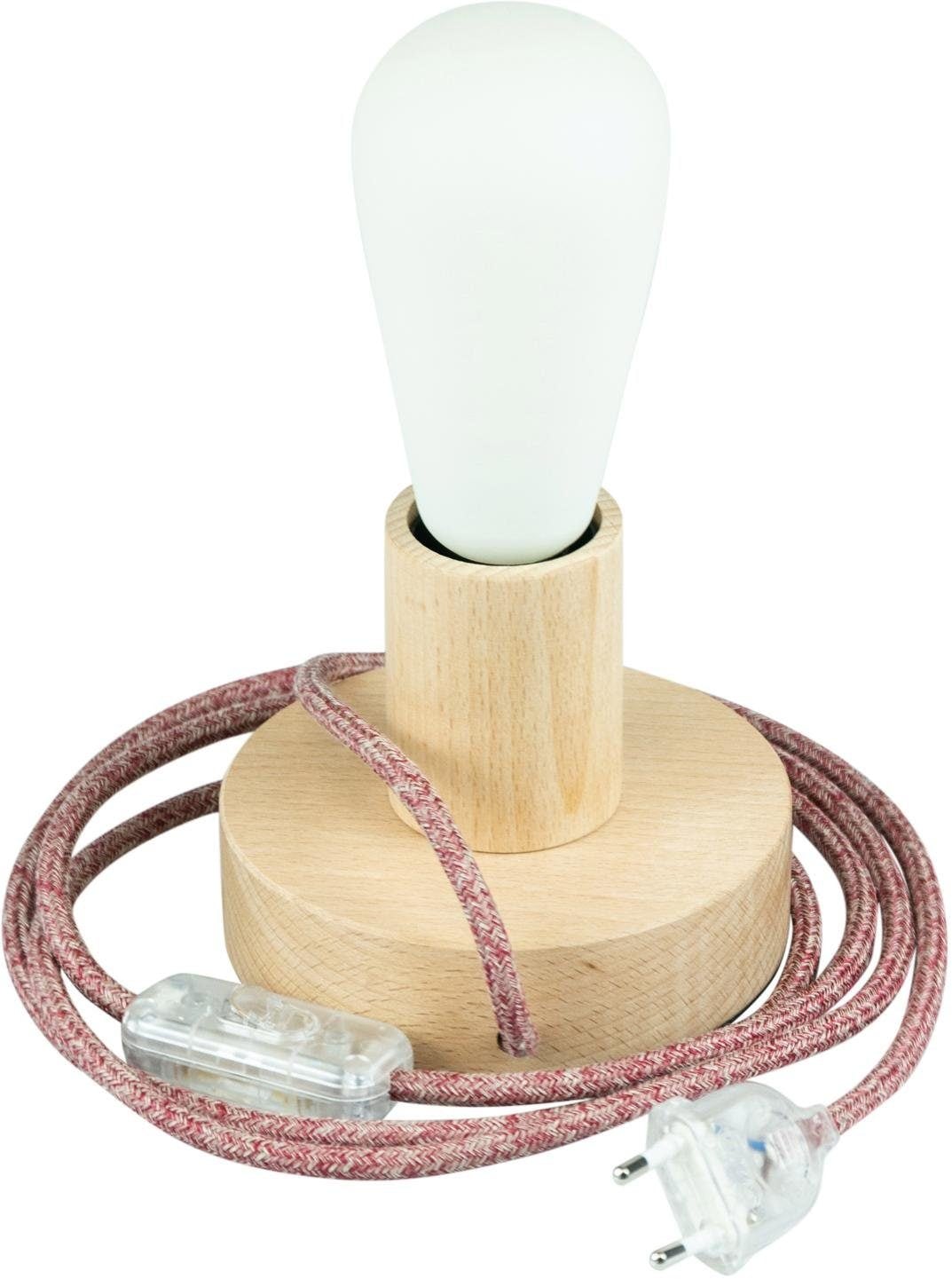 SEGULA Tischleuchte Tischlampe Holzrondell, 2m Textilkabel burgund, E27, Mit Schalter