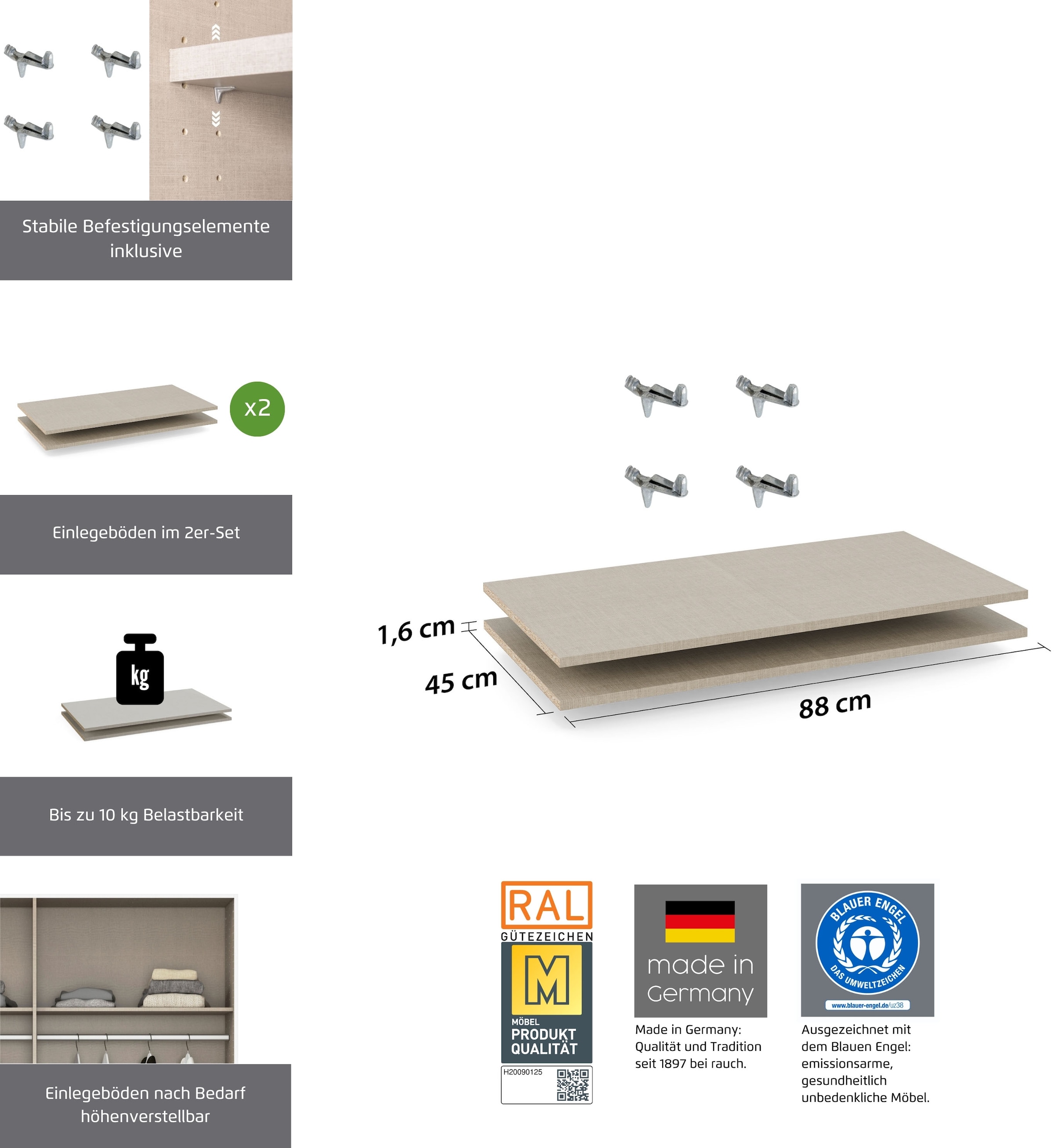 rauch Einlegeboden »Zubehör für Rauch-Drehtürenschränke ORANGE«, 2er-Set Breite 88 cm, Tiefe 45 cm