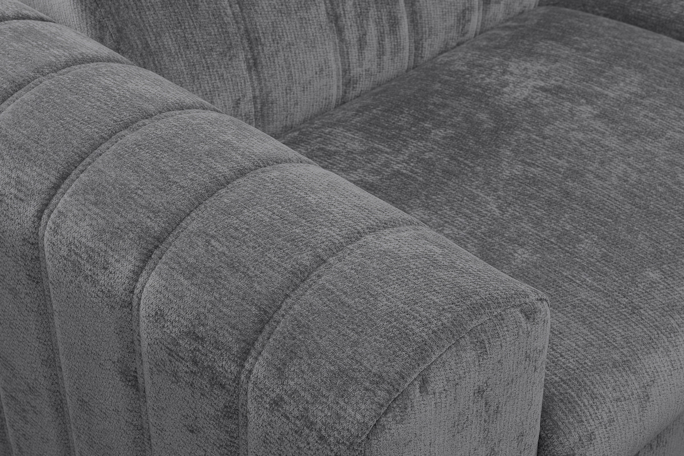 WERK2 Ecksofa »Foster inkl. Schlaffunktion & Bettkasten, bodenfrei, Chenille, bequem« 3 verstellbare Kopfstützen & Pfeifensteppung im Retro-Look, L-Form