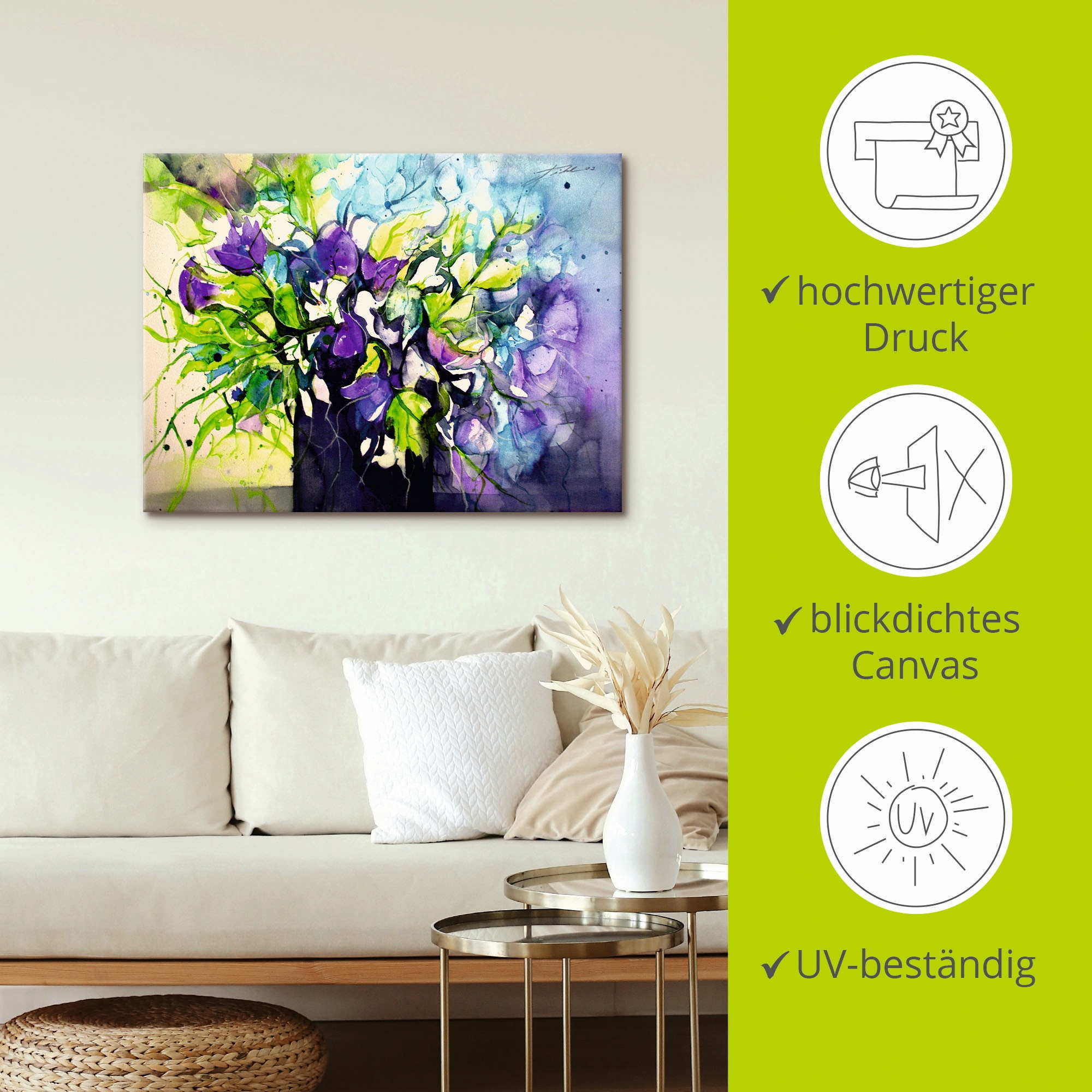 Artland Leinwandbild »Wicken in schwarzer Vase«, Blumen, (1 St.), auf Keilrahmen gespannt