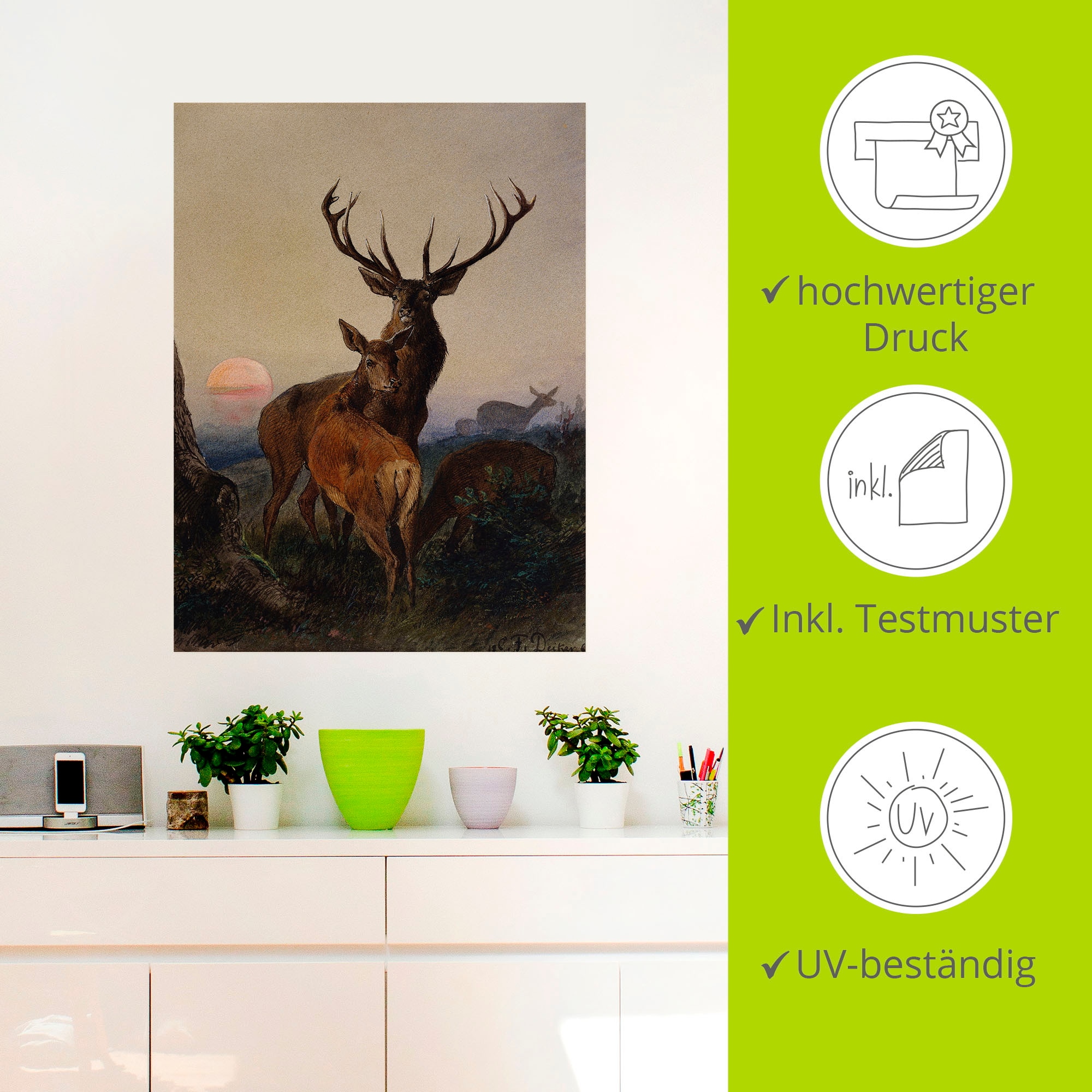 Artland Wandbild »Hirsch und ein Reh bei Sonnenuntergang«, Wildtiere, (1 St.), als Leinwandbild, Poster, Wandaufkleber in verschied. Größen
