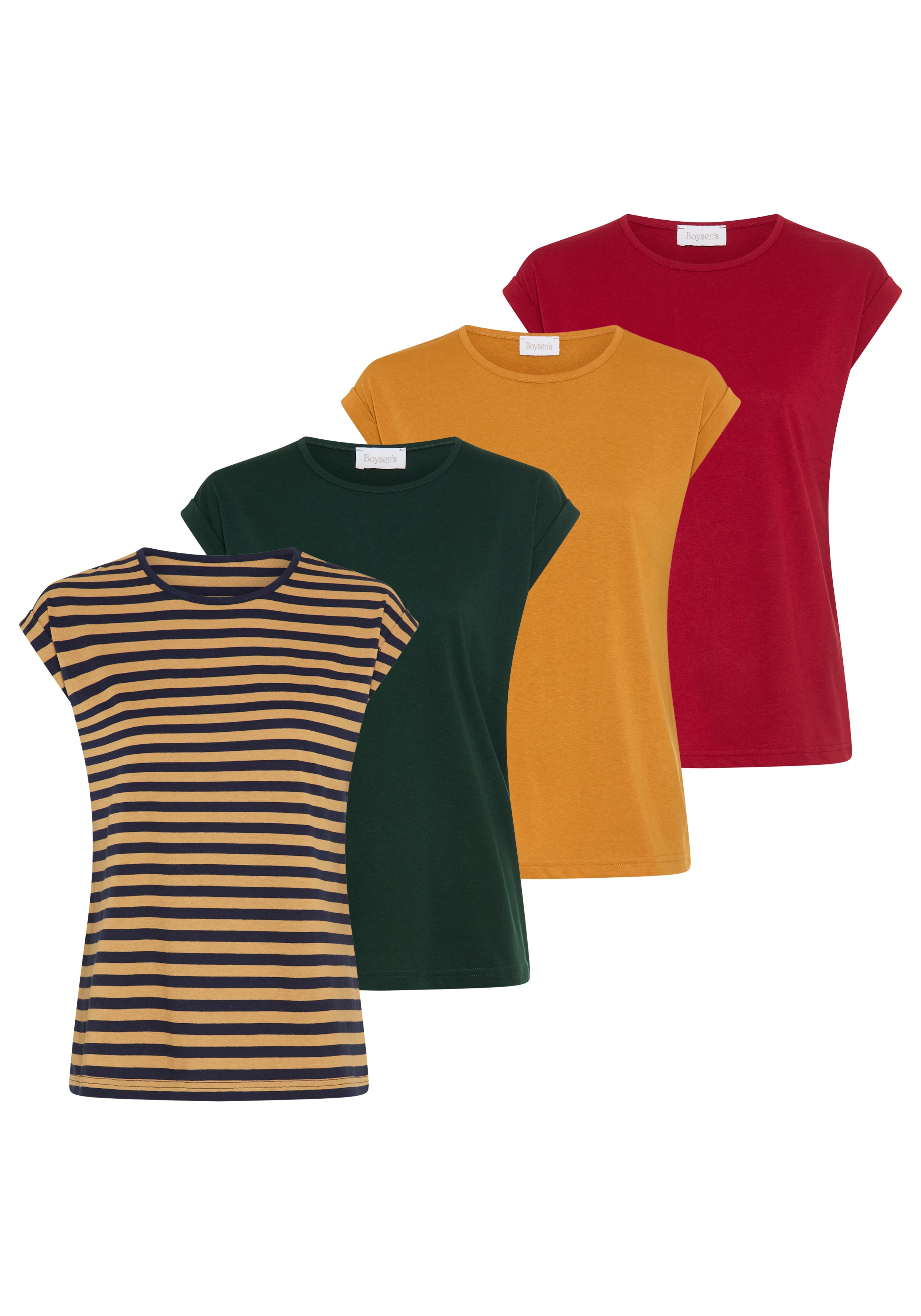 Boysens T-Shirt "im Basic-Stil, weicher Baumwoll-Jersey, viele Farben und Größen" Packung, 4er-Pack, figurumspielende Passform, Rundhalsausschnitt