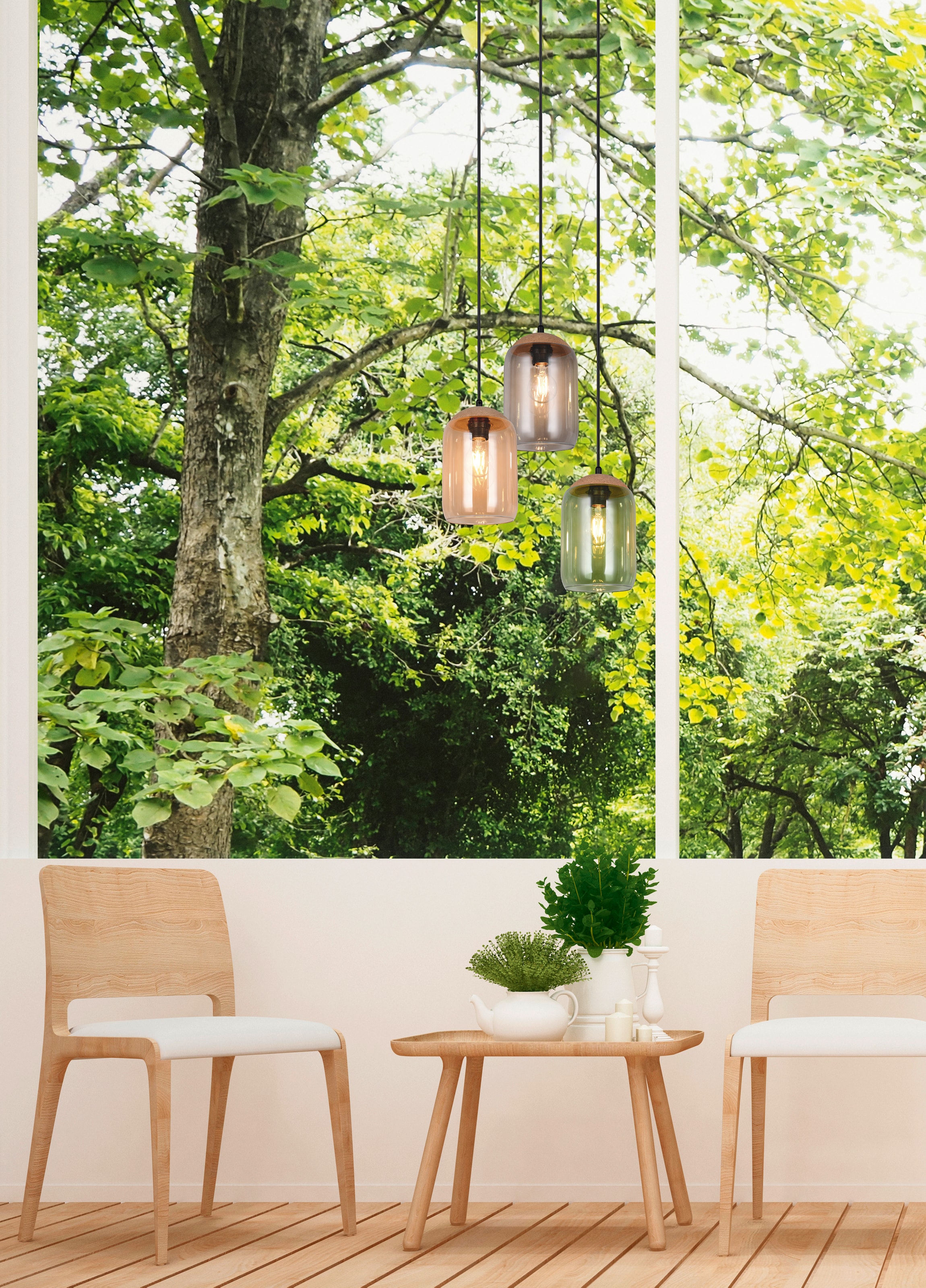 TRIO Leuchten Pendelleuchte »CORK, mehrflammige Hängelampe mit bunten Glasschirmen exkl E27 max 10W« E27 1 Stk. warmweiß - kaltweiß aus min. 50% Recycling-Material (Glas), Höhe bis 150 cm