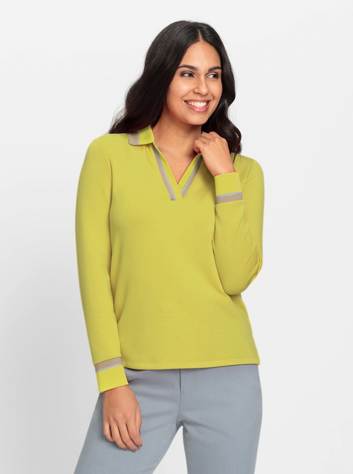 Poloshirt INSPIRATIONEN "Poloshirt", Damen, Gr. 50, grün (limone, sand, gemustert), 50% Modal, 44% Polyester, 6% Elasthan, gemustert, mehrfarbig, unifarben, V-Ausschnitt, Shirts