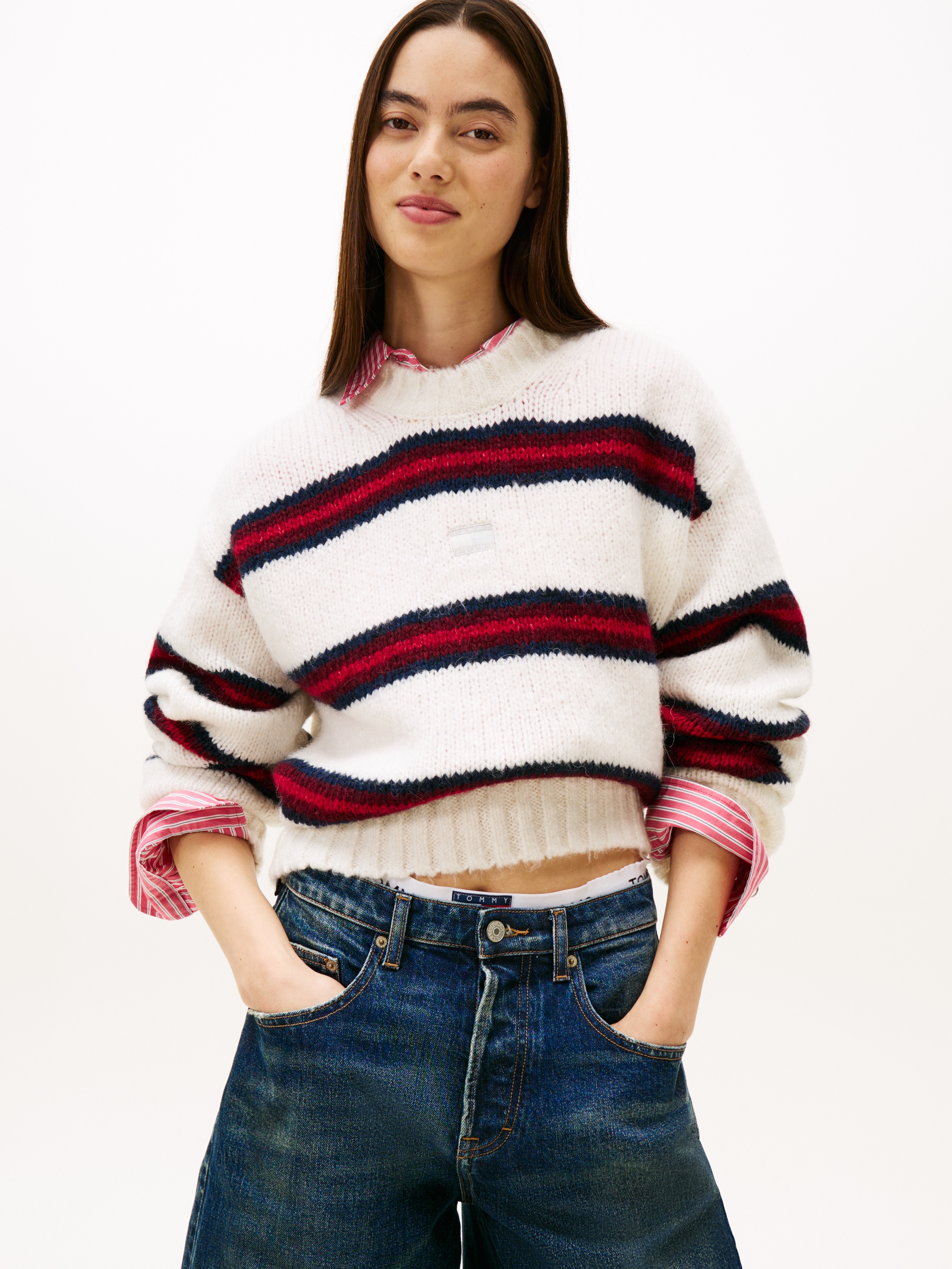 Tommy Jeans Rundhalspullover "TJW BADGE STRIPE FLUFFY SWEATER", mit Alpaka günstig online kaufen
