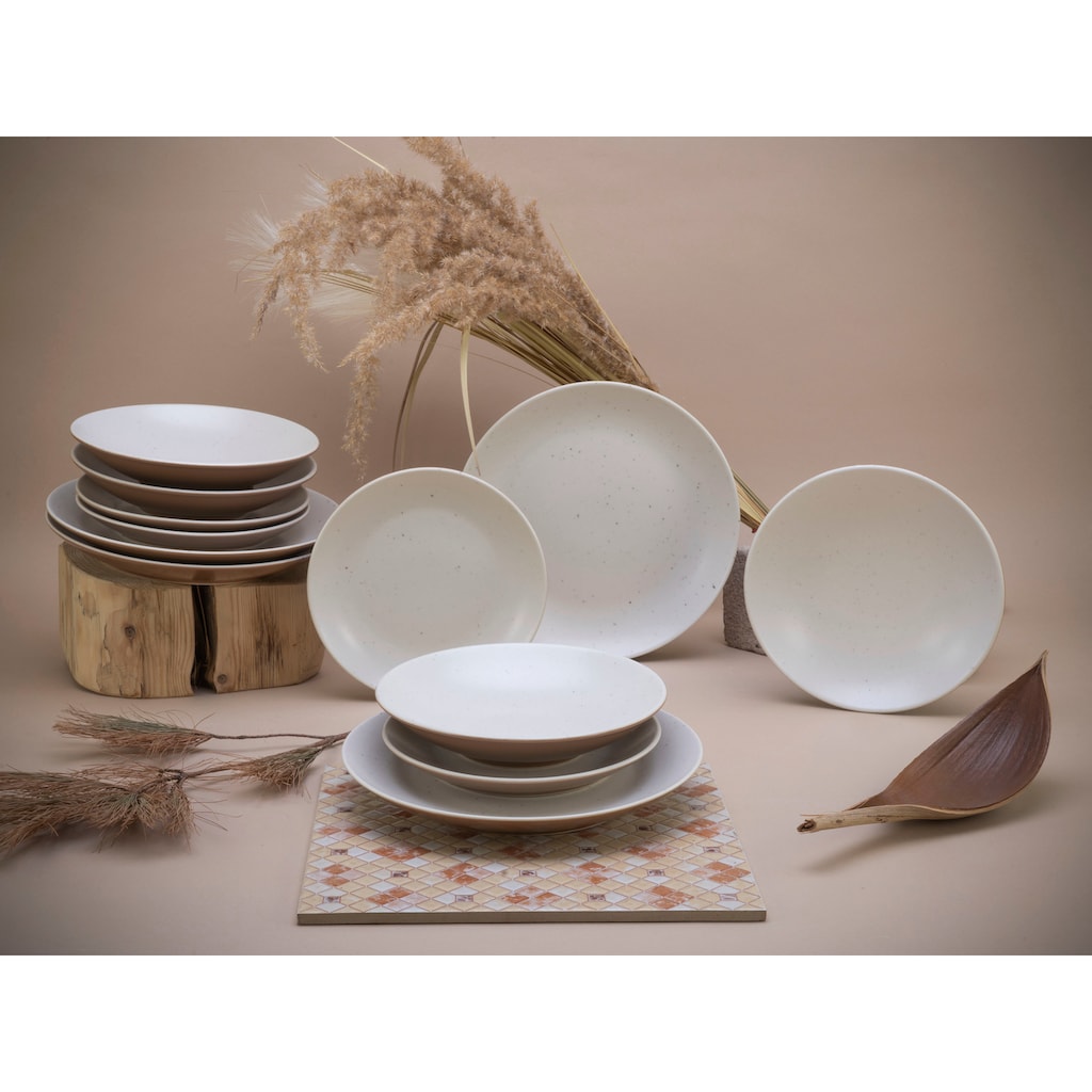 CreaTable Teller-Set »Geschirr-Set Sand Dunes«, (Set, 12 tlg., Tafelservice für 4 Personen), Service, handwerklicher Töpfercharakter, 12 Teile, für 4 Personen