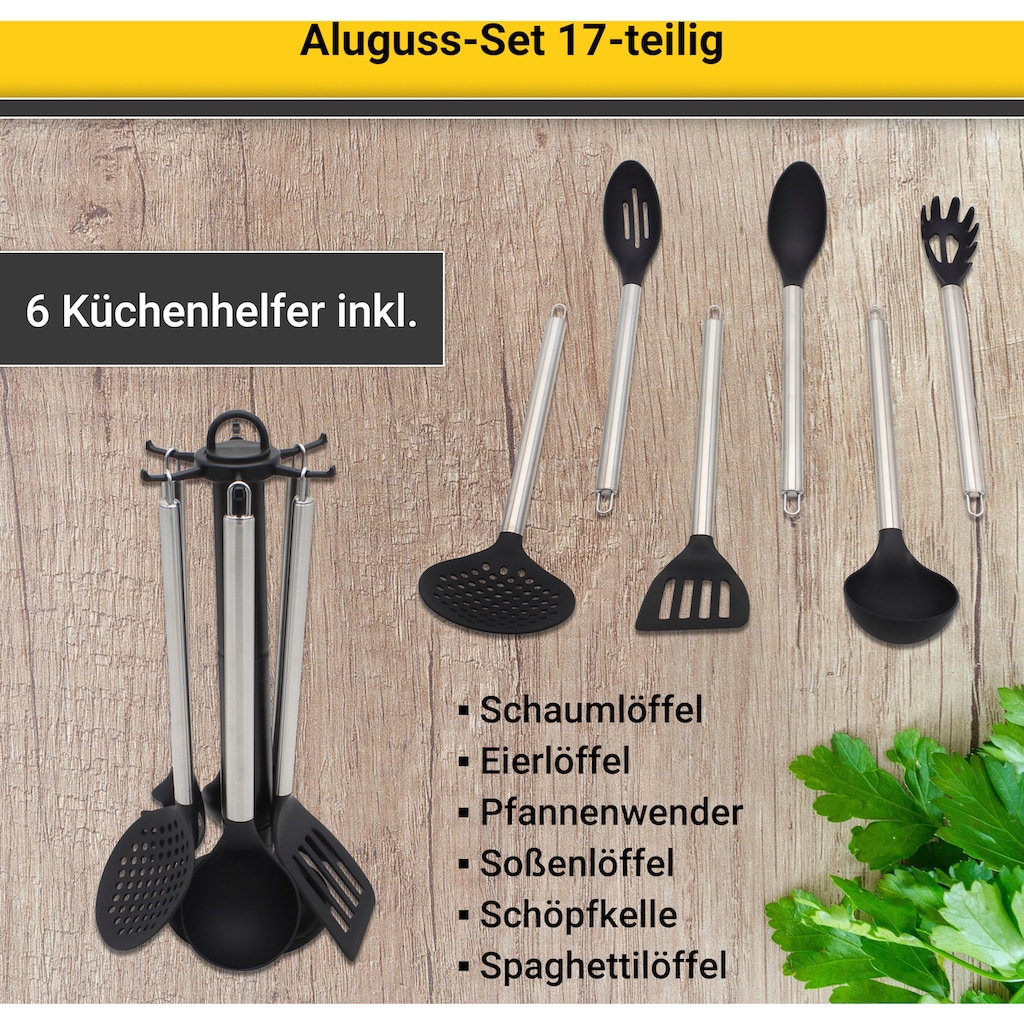 Krüger Topf-Set »Aluguss Topf- und Pfannenset inkl. praktischen Küchenhelfern, 17 tlg.«, Aluminiumguss, (Set, 17 tlg., Fleischtopf 16/18/20/24cm, Stieltopf 16cm Steakpfanne 7 T.Küchenhelfer), inkl. 7-tlg. Küchenhelfer-Set