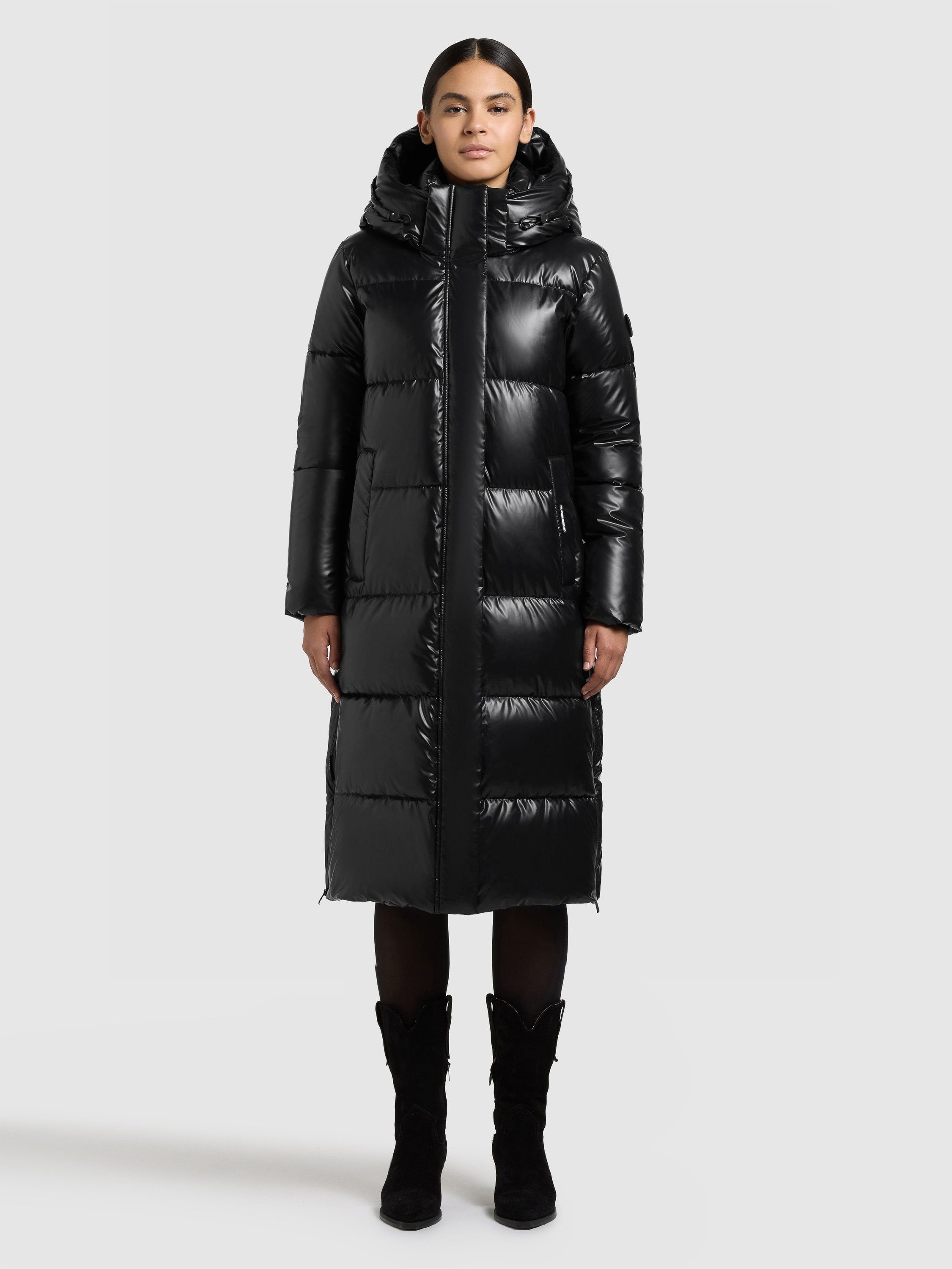 Steppmantel KHUJO "RACHEL2 SHINY", Damen, Gr. XXL, schwarz, 100% Polyester, unifarben, eingesetzt elastischer Bund mit Windstopper, Mäntel Steppmantel