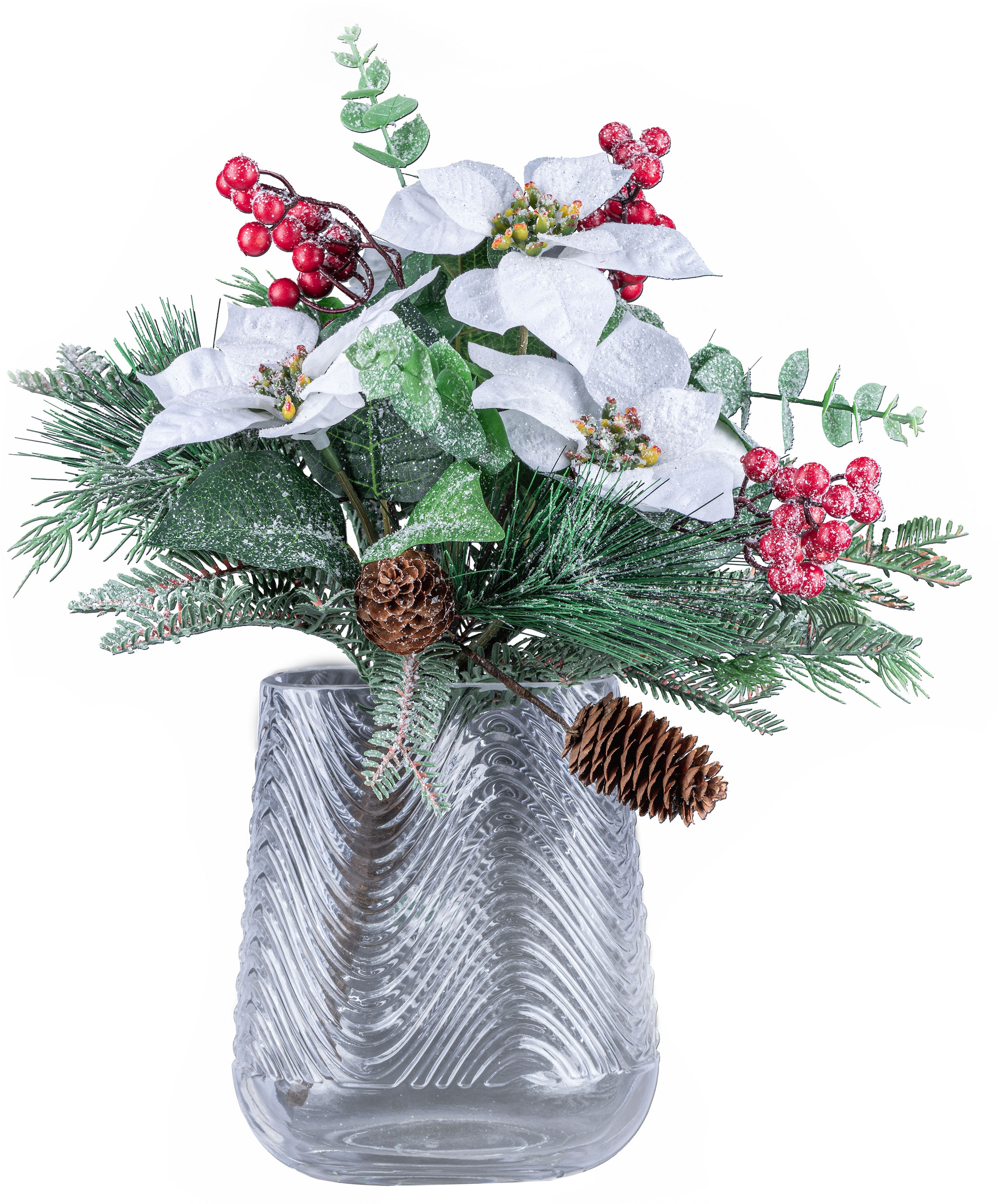 Creativ deco Dekovase »Weihnachtsdeko«, (Set, 2 St., 1 Vase, 1 Bouquet), mit Poinsettien-Mixbund in geeister Optik