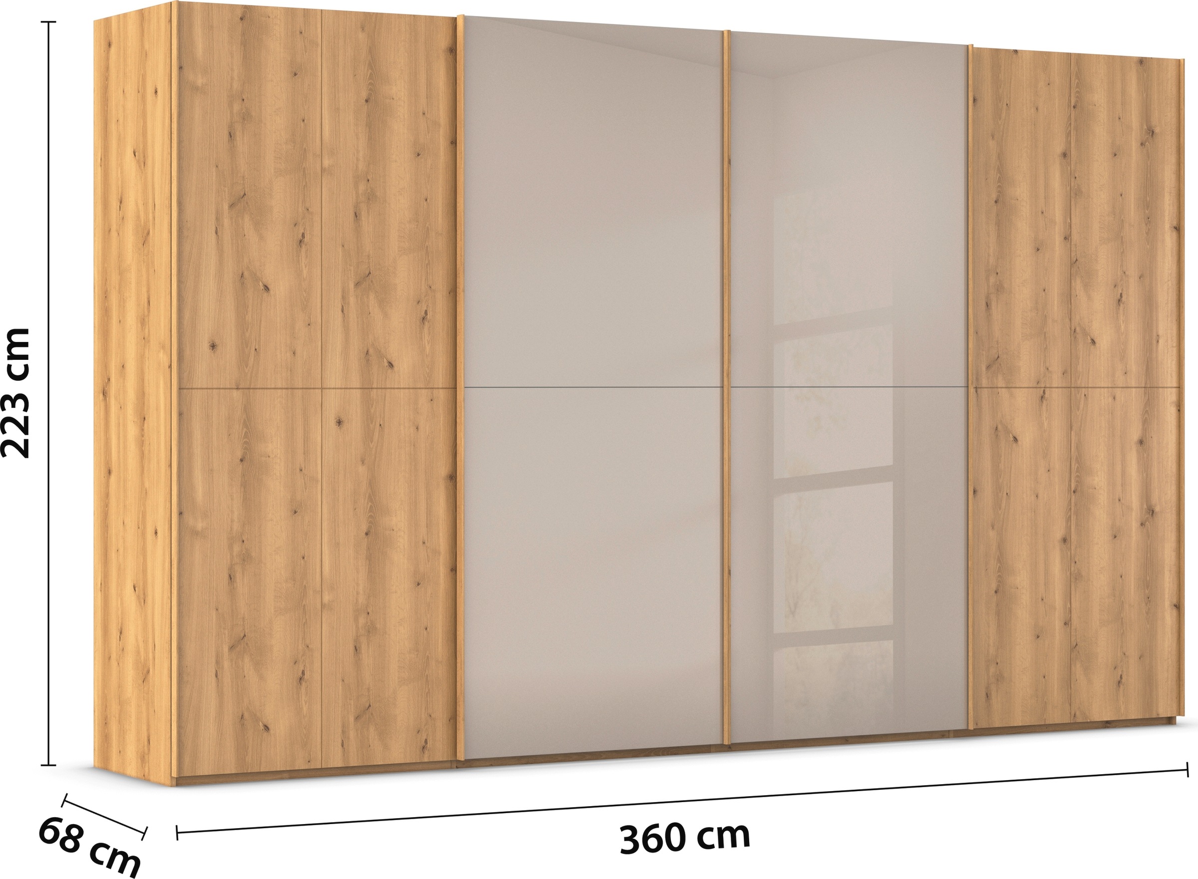 rauch Schwebetürenschrank »Kleiderschrank Schrank Garderobe Schlafzimmerschrank SCALE-WOOD«, edle geteilte Front in massiver Asteiche mit Glastüren MADE IN GERMANY