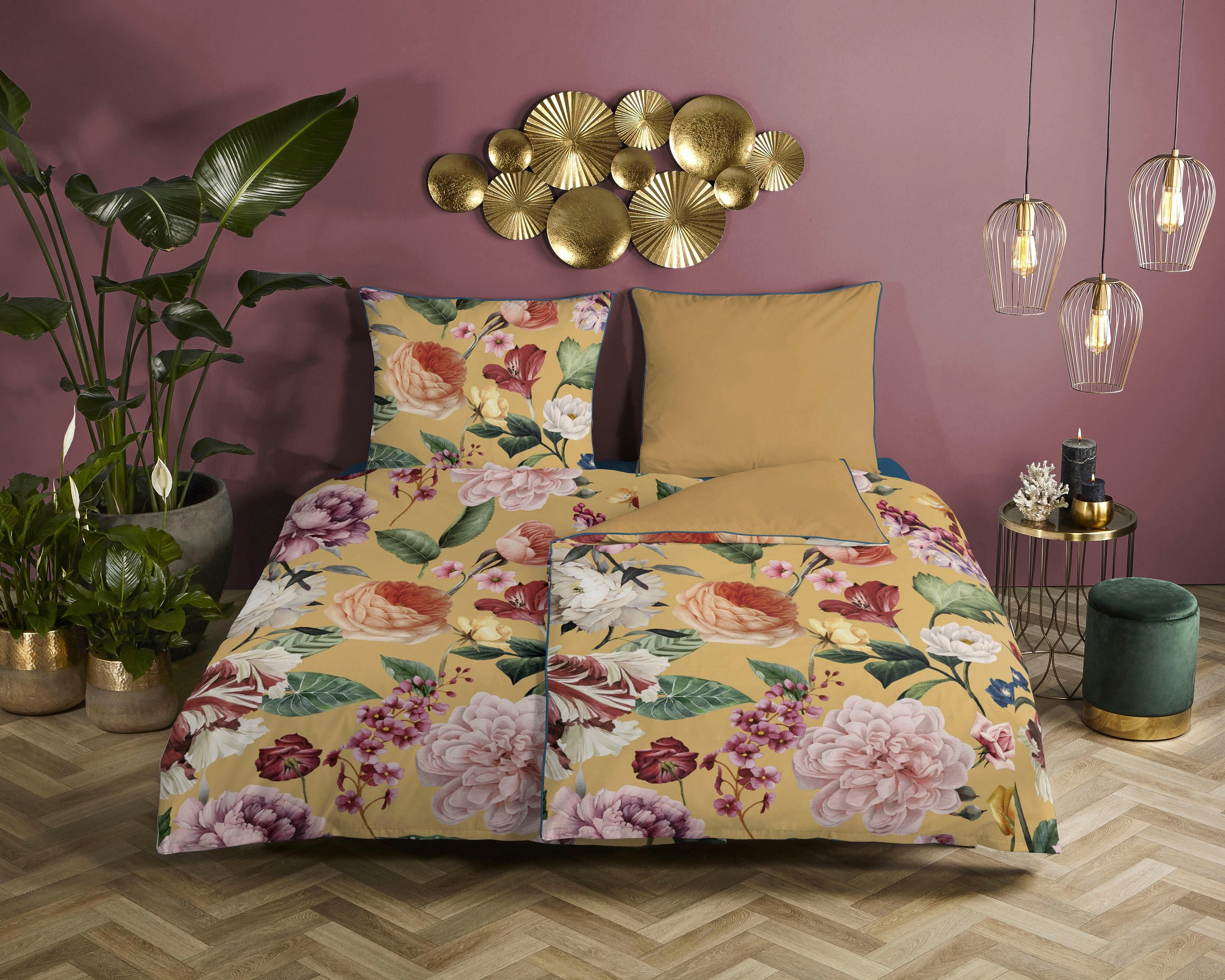Descanso Wendebettwäsche »Fiori«, Baumwolle, Satin, 135x200, Biese, Reißverschluss, Wende, Blumen Sand