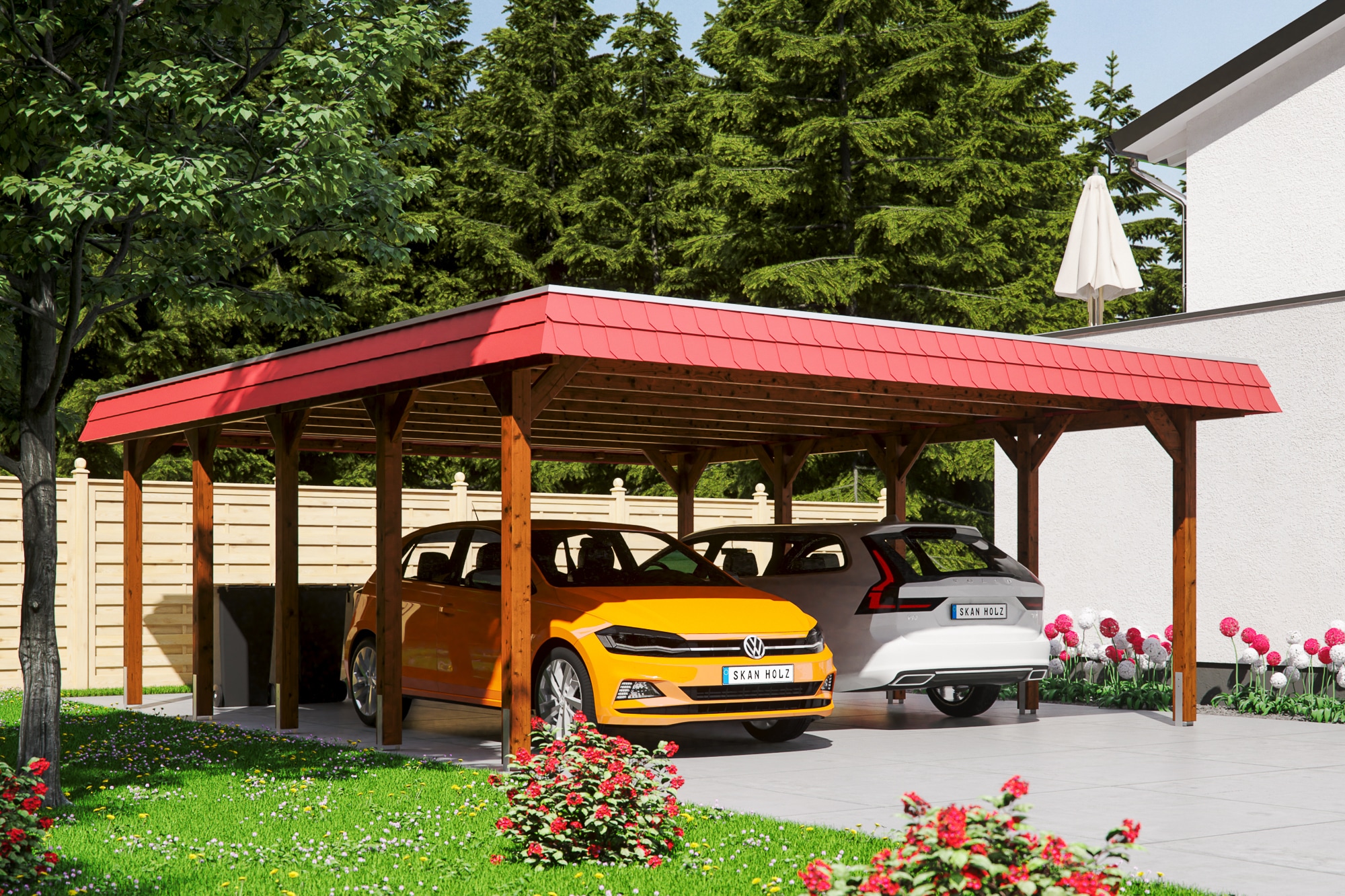 Skanholz Doppelcarport »Spreewald«, Nadelholz, 530 cm, Nussbaum, 585x741cm mit EPDM-Dach, rote Blende