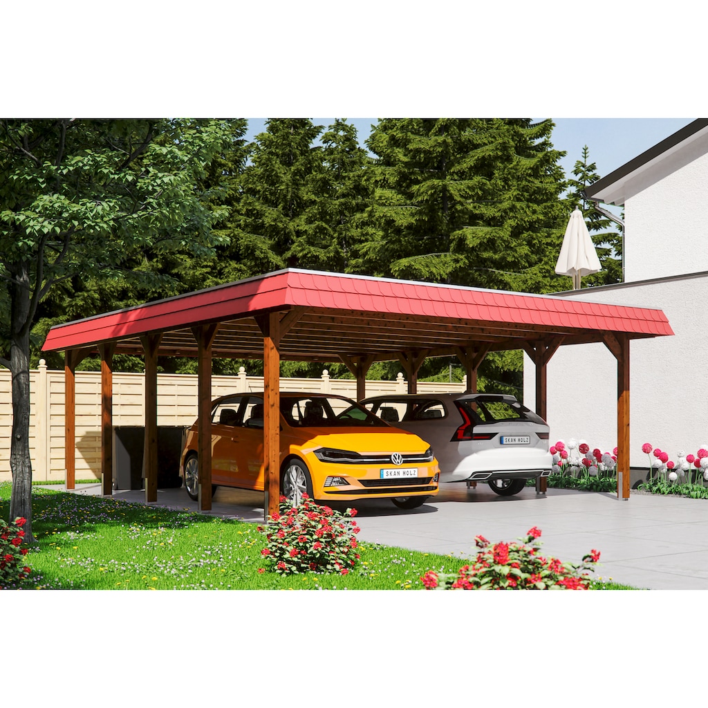 Skanholz Doppelcarport »Spreewald«, Nadelholz, 530 cm, Nussbaum, 585x741cm mit Aluminiumdach rote Blende