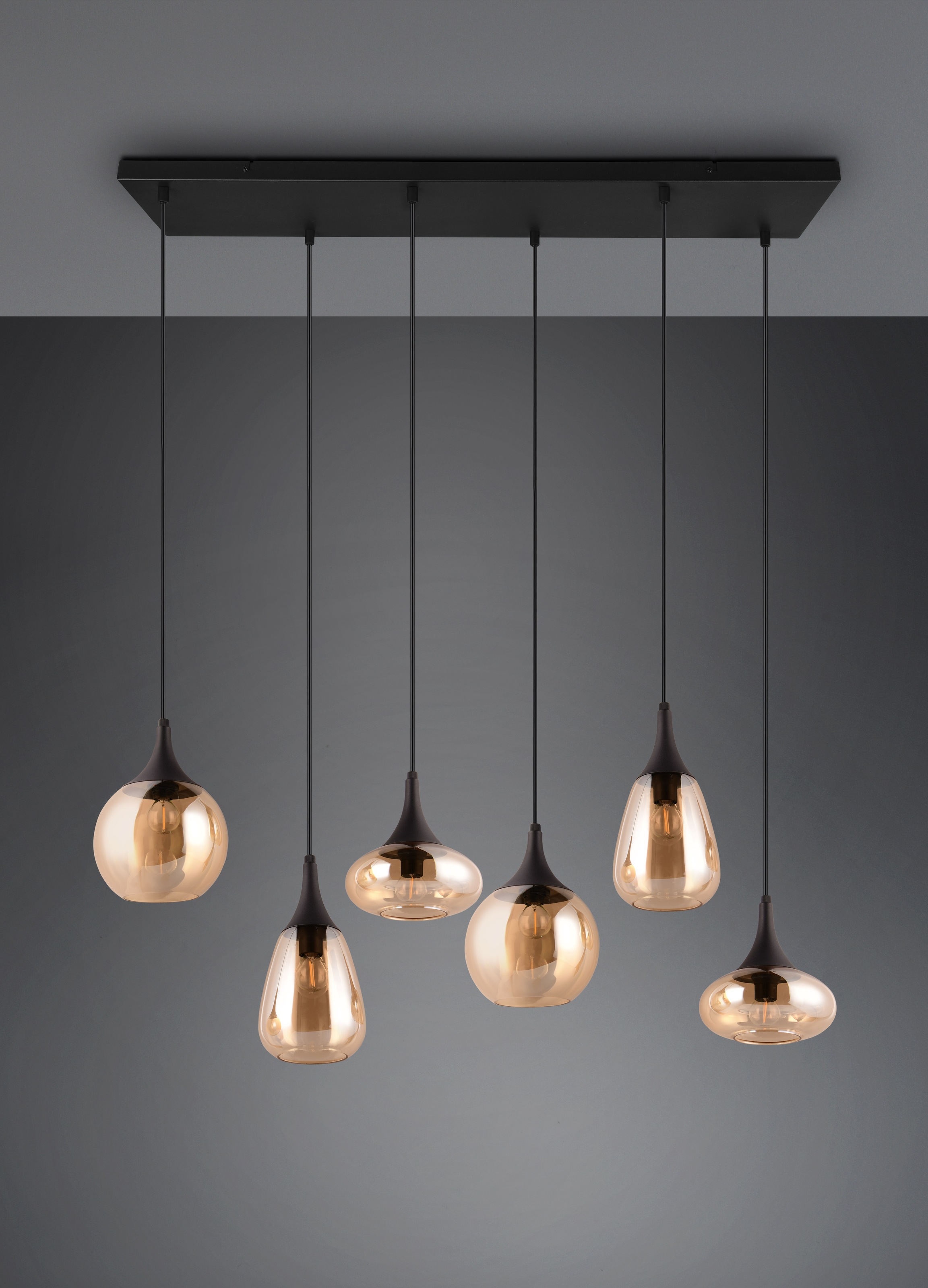 TRIO Leuchten Pendelleuchte »LUMINA, E14 Hängelampe 6-flammig Glasschirme in 3 Formen amberfarbig«, 6 flammig, Leuchtmittel E14 | Leuchtmittel wechselbar, exkl 6x E14 max 40W, Hängeleuchte höhenverstellbar bis max 150 cm