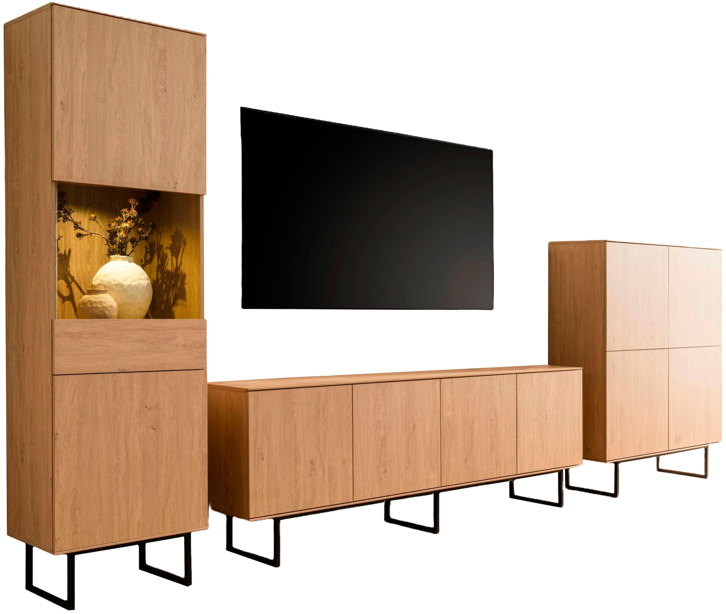 Home affaire Wohnwand »Lund, moderne Anbauwand, Wohnzimmer-Set in Stone Oak«, (3 St.), enthält Vitrine, Lowboard und Higboard